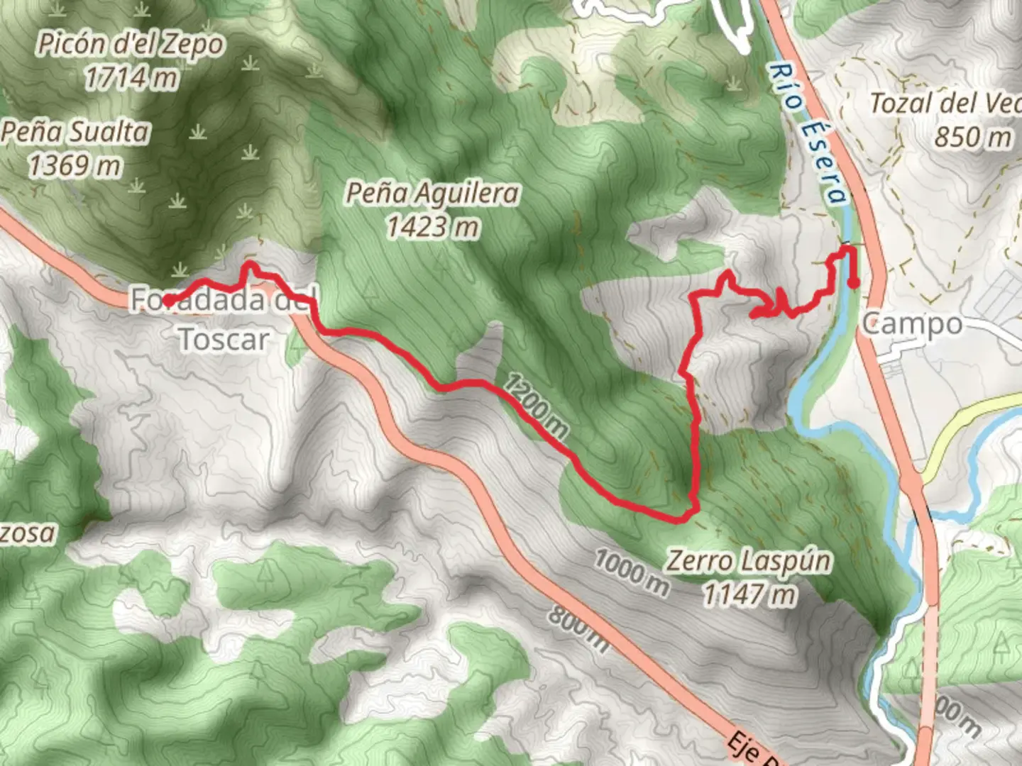 An image depicting the trail Field - Foradada del Toscar PR HU 121 and its surrounding area.