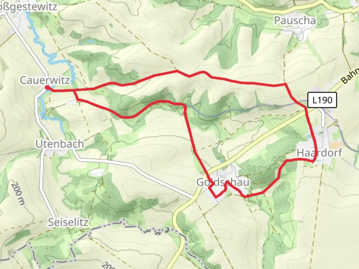 An image depicting the trail Silberberg via Rundweg Pauscha Loebitz and Rundweg Goldschau and its surrounding area.
