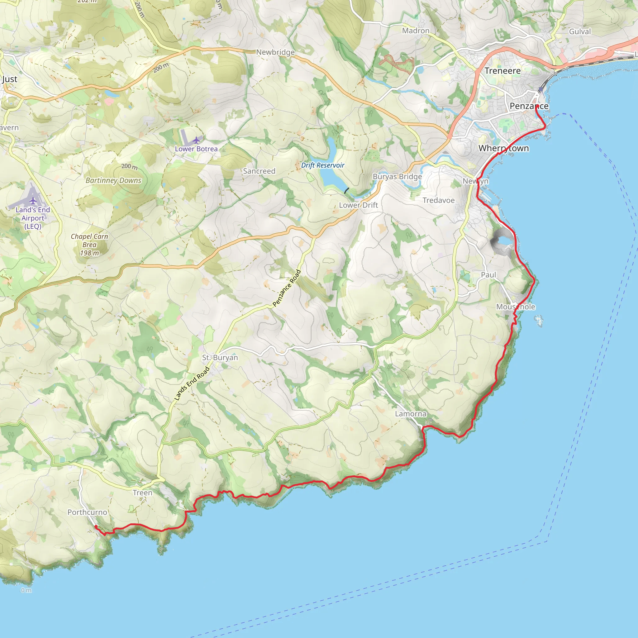 Penzance to Porthcurno via Mousehole and Lamorna mobile static map