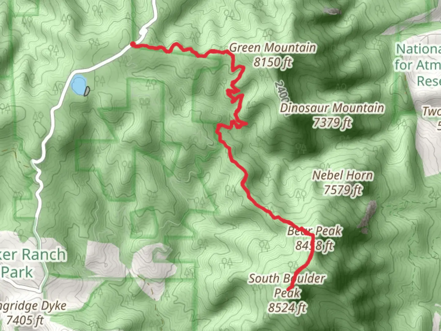 An image depicting the trail South Boulder Peak and Bear Peak via Green Mountain West Ridge Trail and its surrounding area.