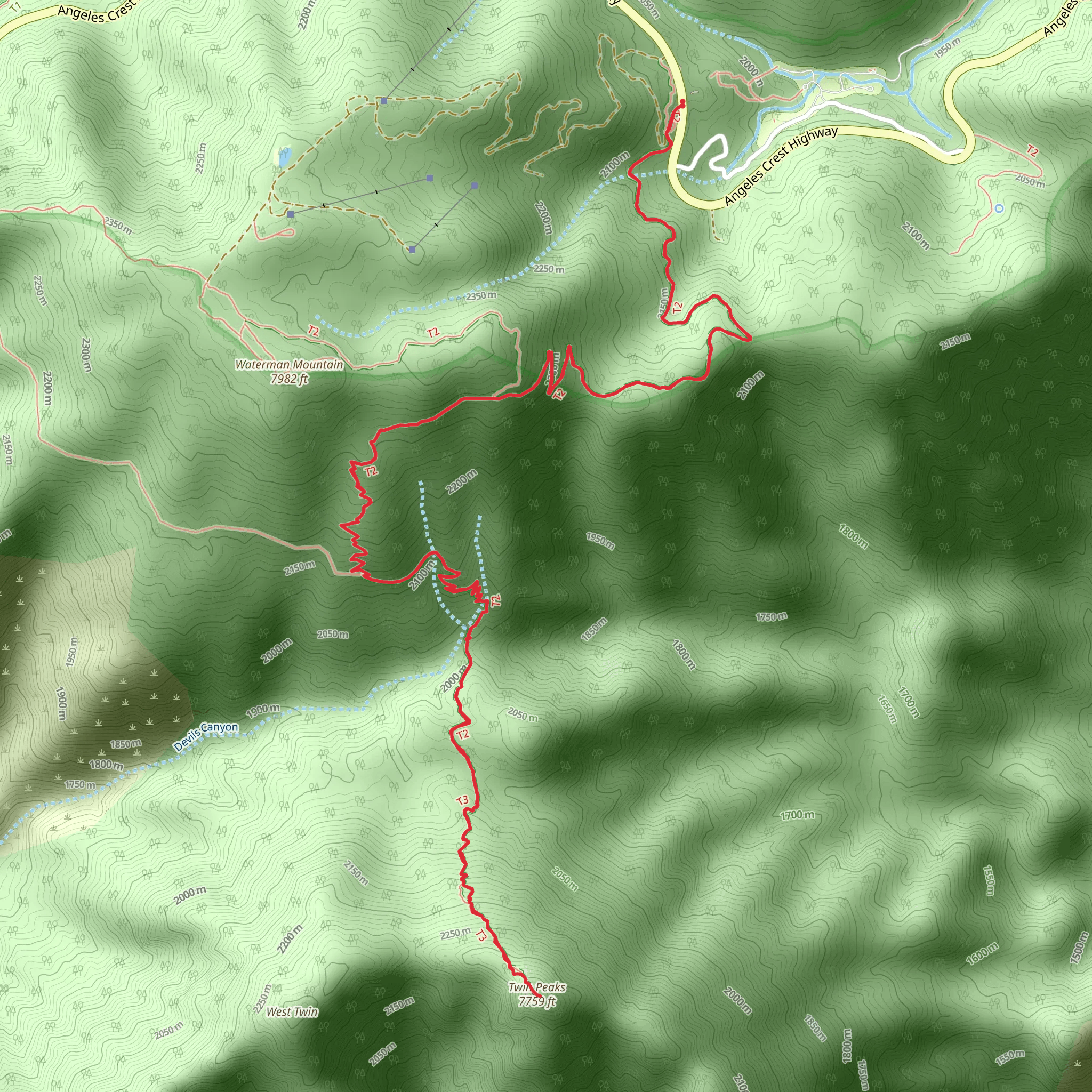 Twin Peaks via Waterman Mountain Trail mobile static map