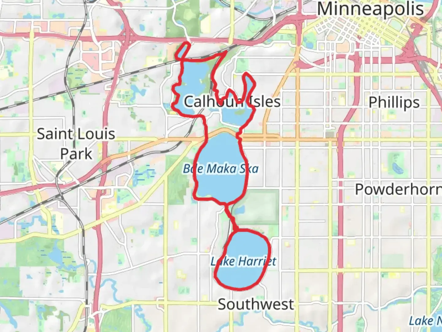 An image depicting the trail Lake Harriet, Bde Maka Ska and Cedar Lake Loop and its surrounding area.
