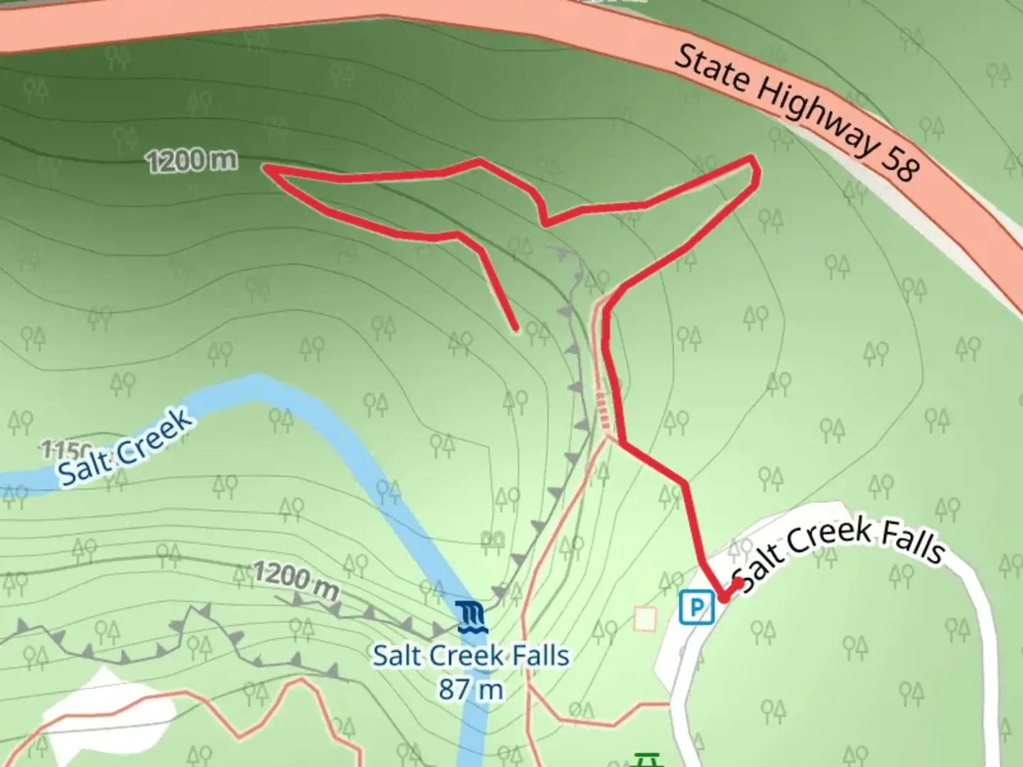An image depicting the trail Diamond Creek Falls and its surrounding area.