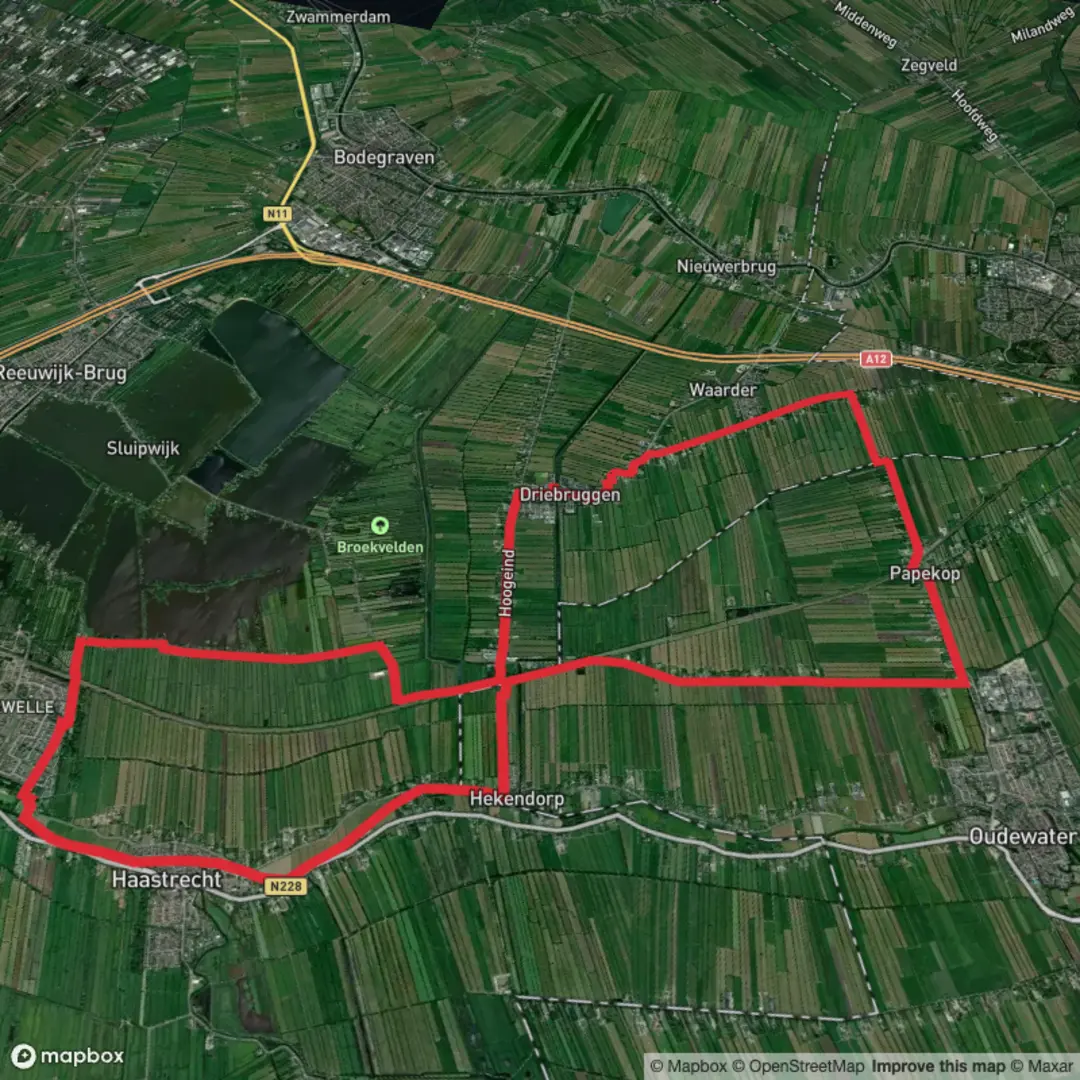 An image depicting the trail Prinsendijk Route, Ruige Weide and Bruinegoud Route Loop and its surrounding area.