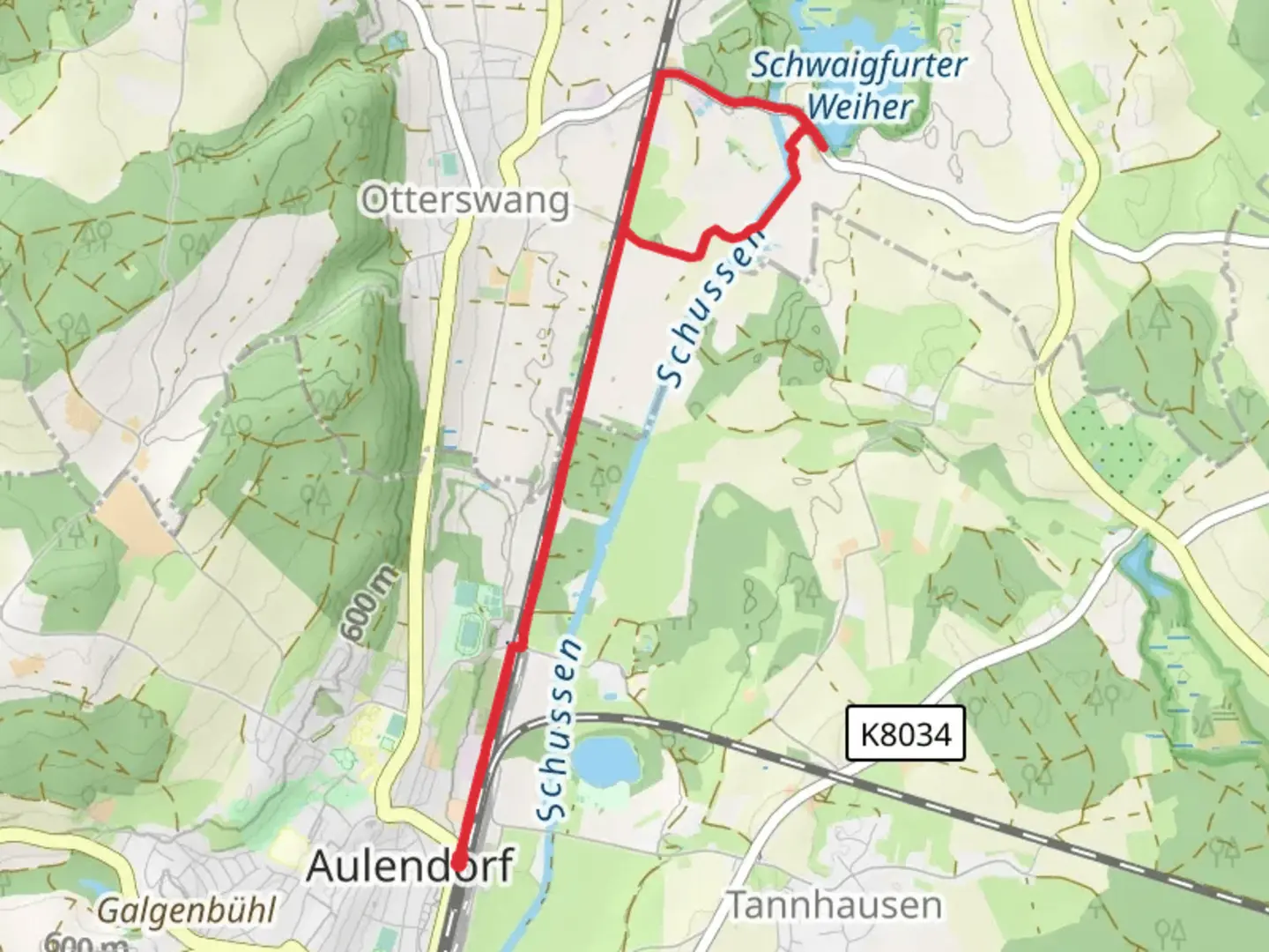 An image depicting the trail Schwaigfurter Weiher from Aulendorf and its surrounding area.