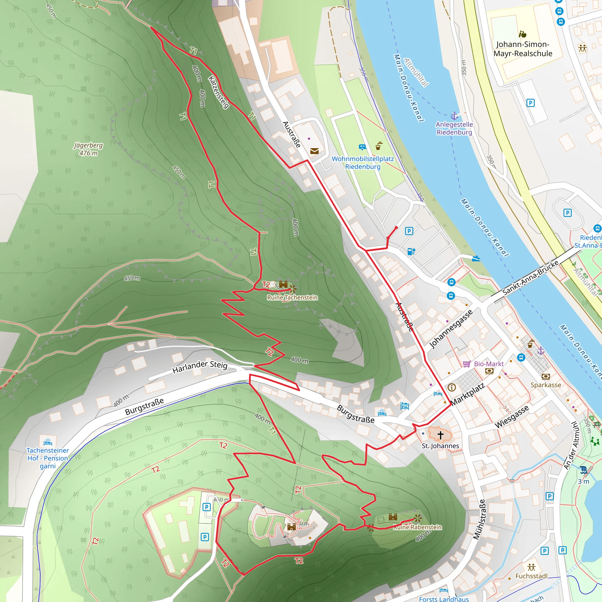 Burgruine Tachenstein and Ruine Rabenstein via Rundweg Riedenburg mobile static map