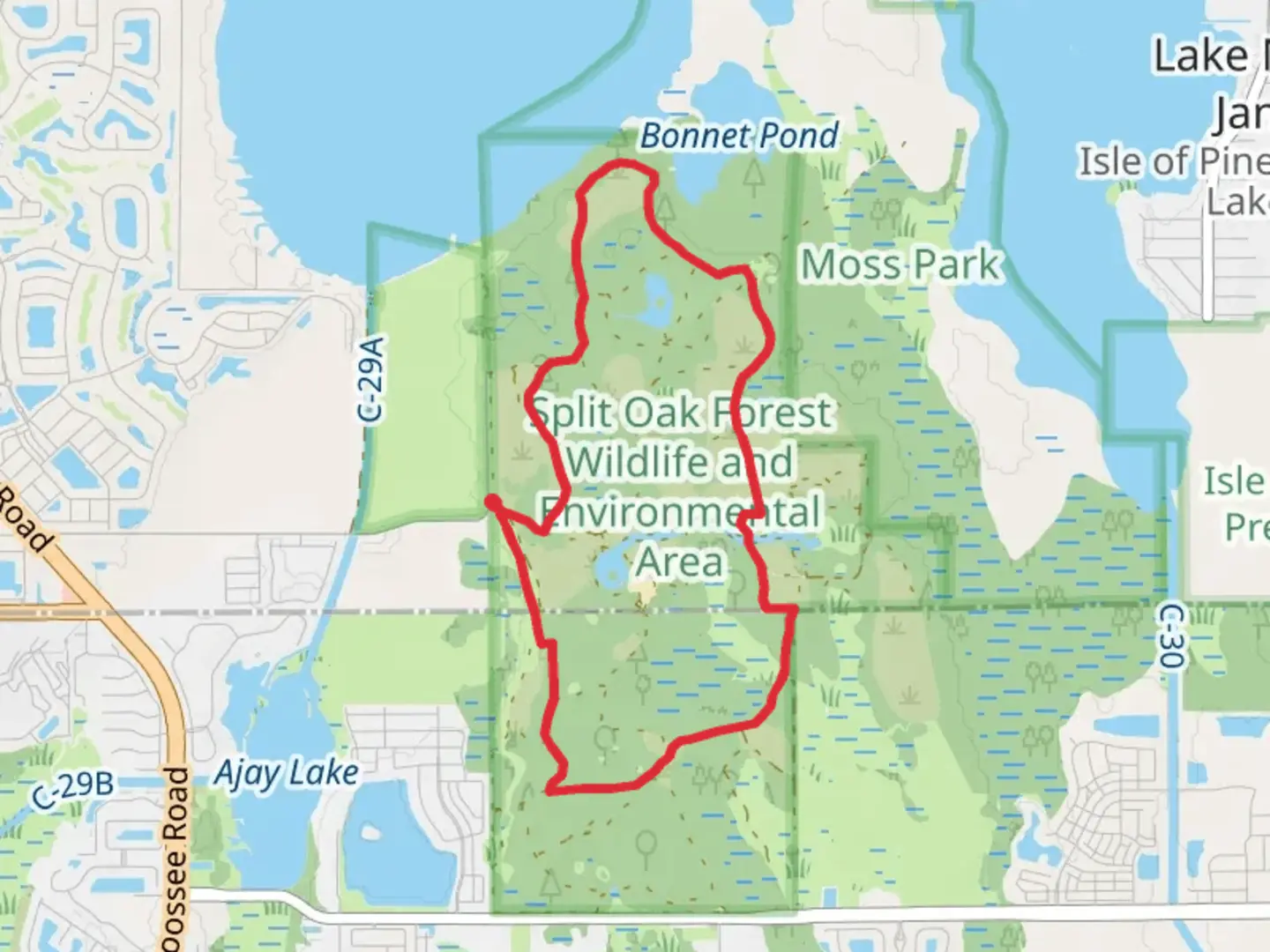 An image depicting the trail North-South and Lake Loop Trail and its surrounding area.