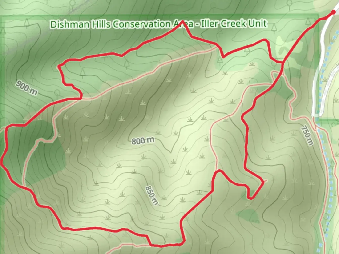 An image depicting the trail Iller Creek Conservation Area Loop and its surrounding area.