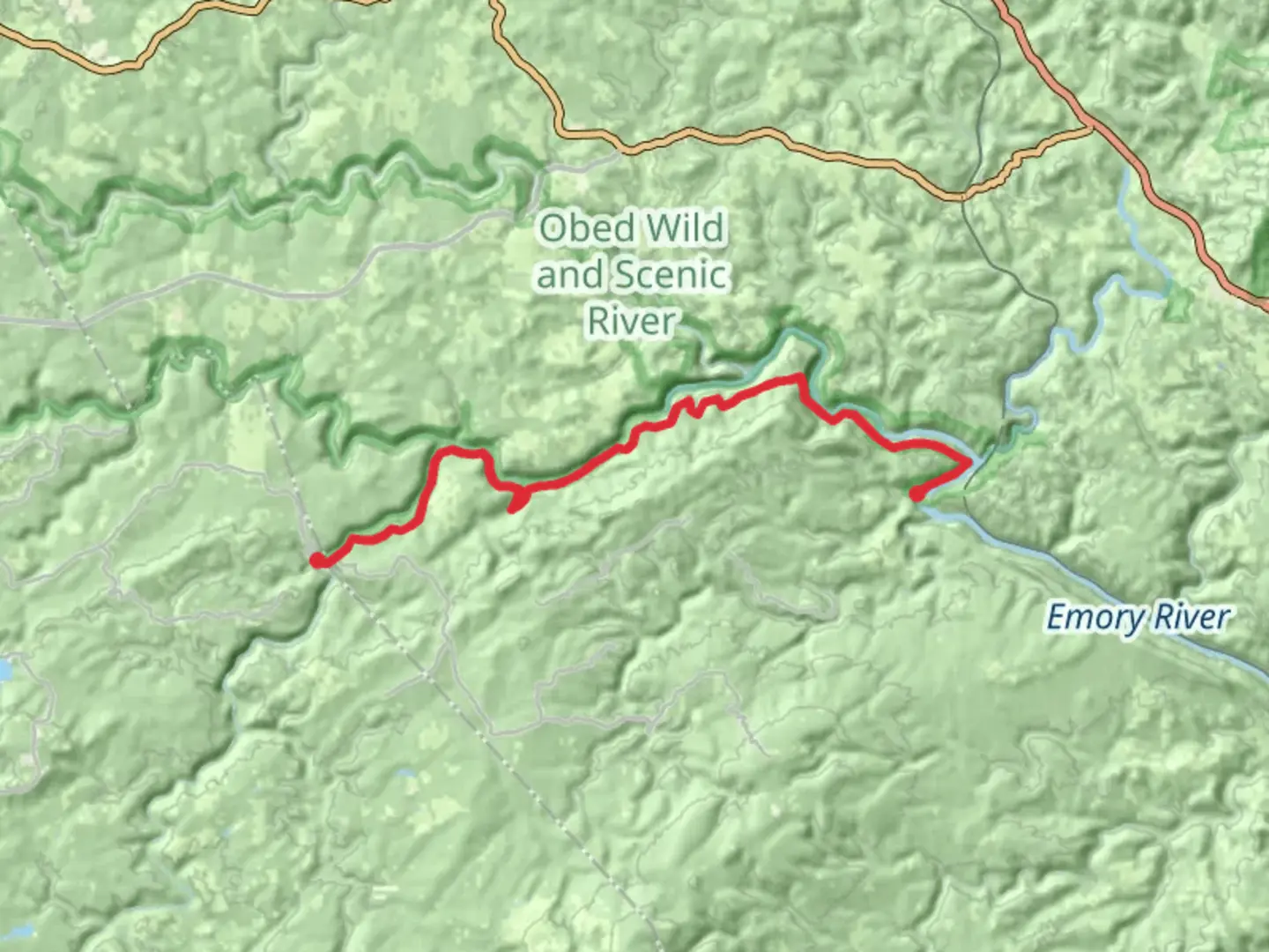 An image depicting the trail Obed Wild and Scenic Trail and its surrounding area.