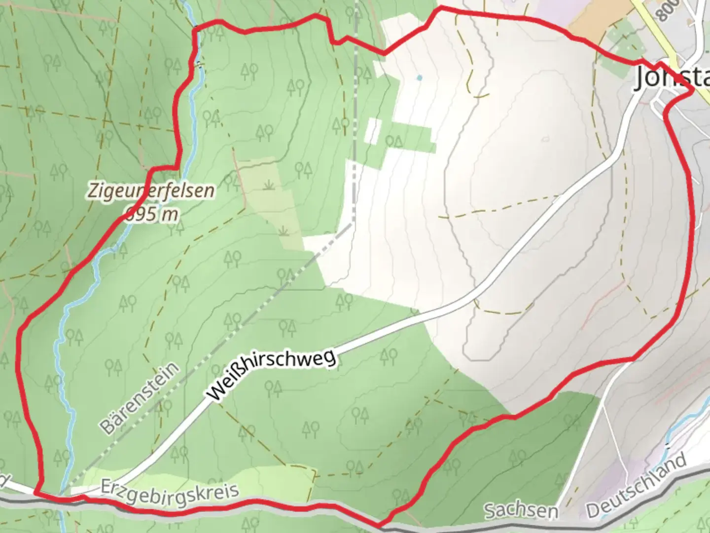 An image depicting the trail Zigeunerfelsen Loop - Johstadt and its surrounding area.
