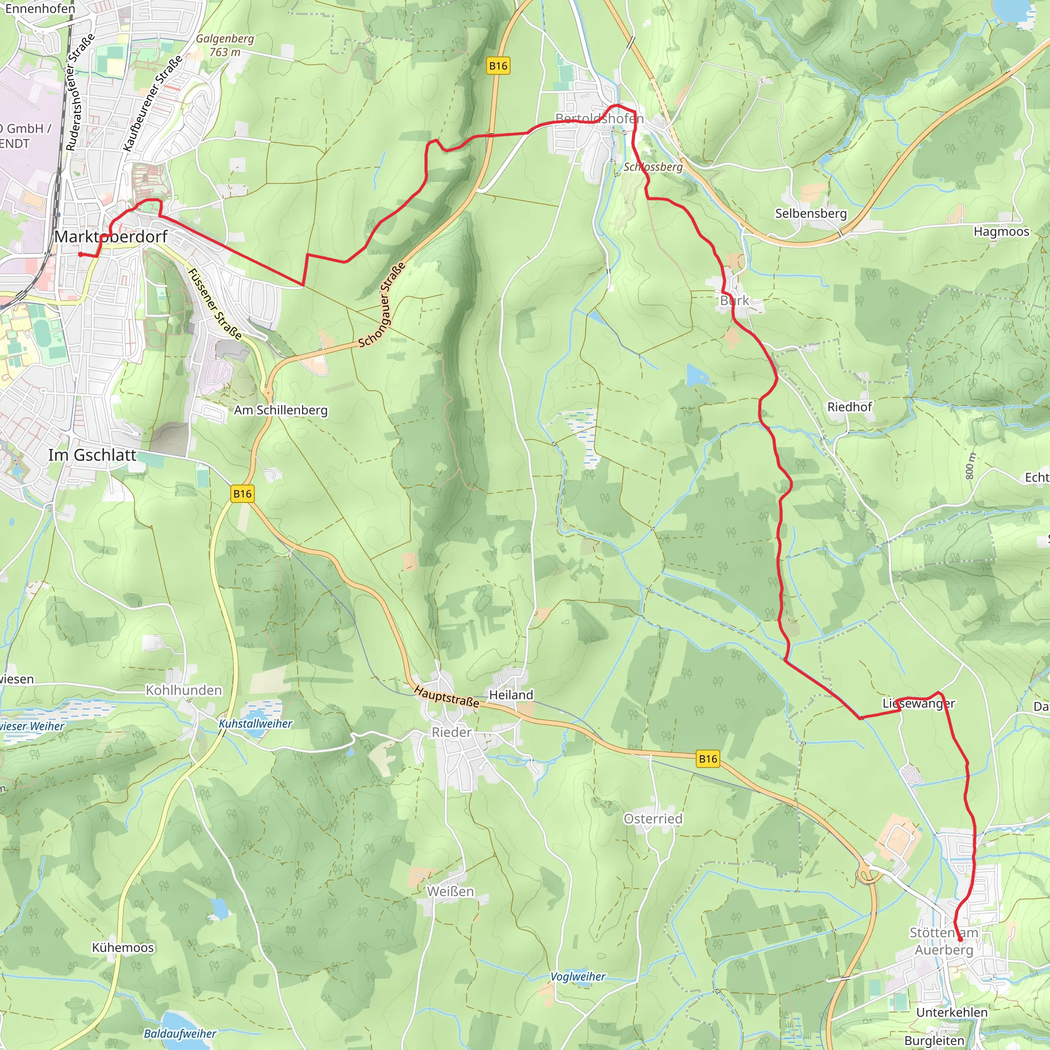 Marktoberdorf to Stötten am Auerberg via Wasserlaeufer Route mobile static map