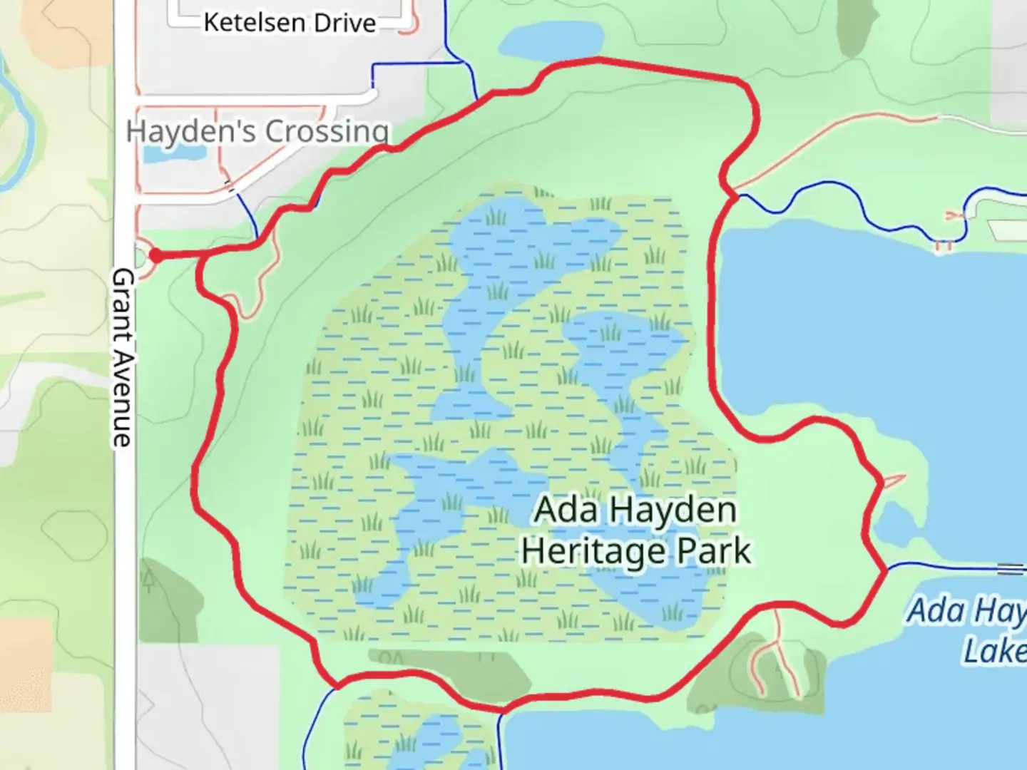 An image depicting the trail Ada Hayden Park Loop and its surrounding area.