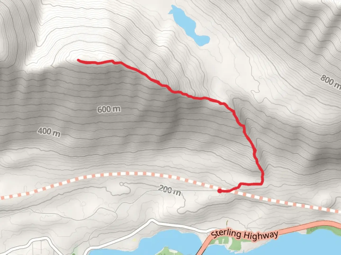 An image depicting the trail Slaughter Ridge from Kenai Lake and its surrounding area.