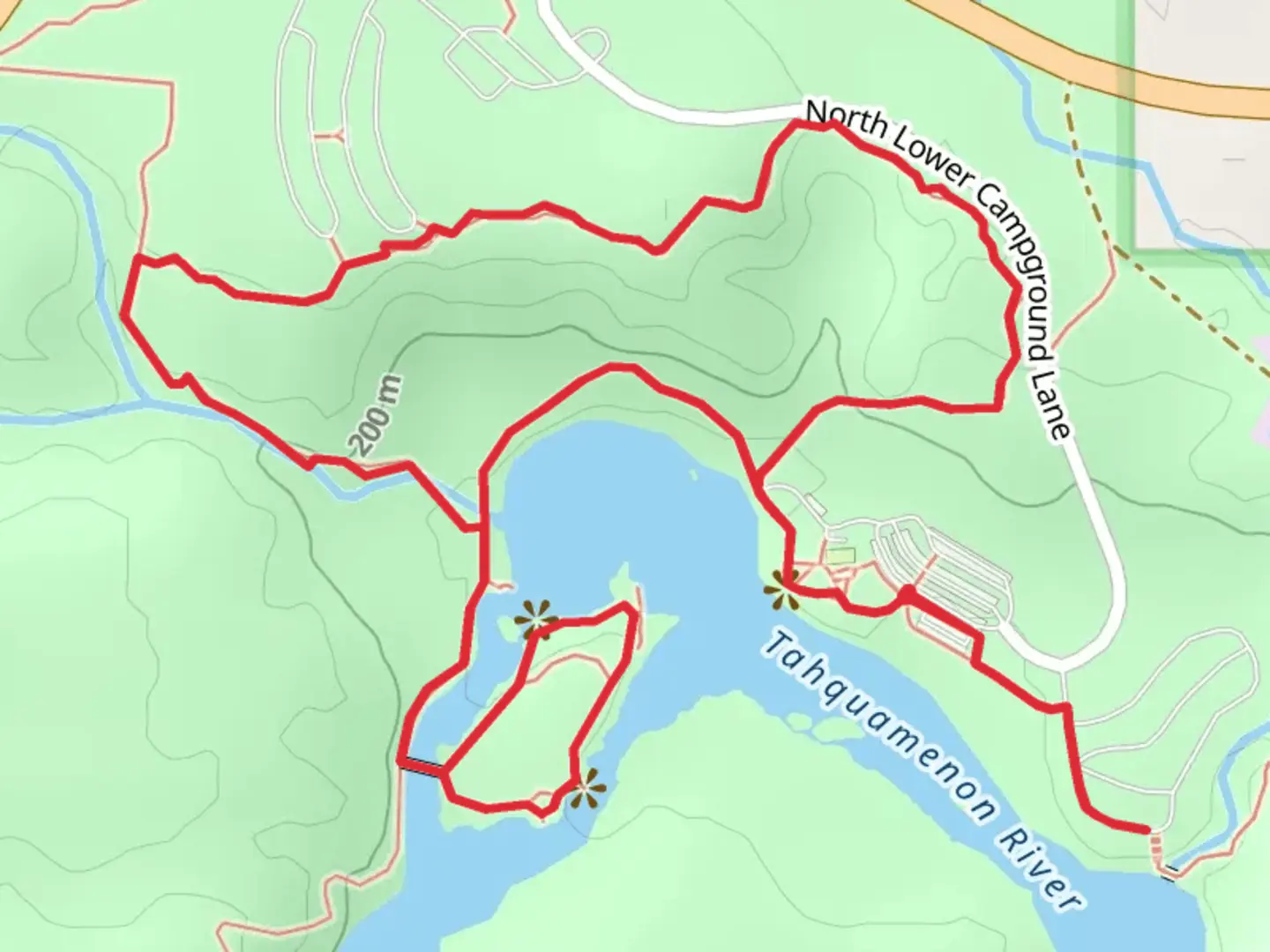 An image depicting the trail Tahquamenon Falls - Lower Falls and Tahquamenon River Loop and its surrounding area.