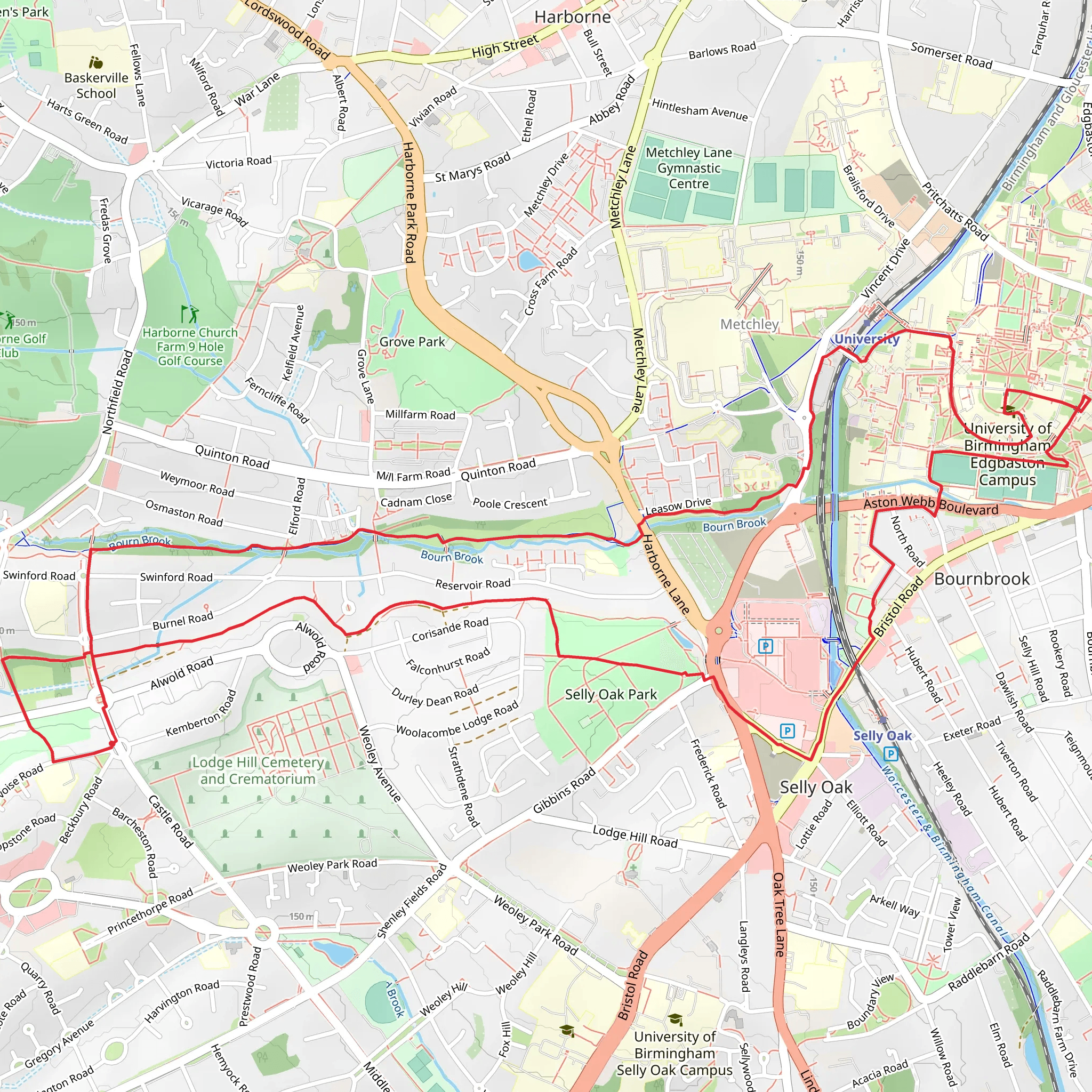 Bournbrook Recreation Ground and Selly Oaj Park via Bourn Brook Walkway mobile static map