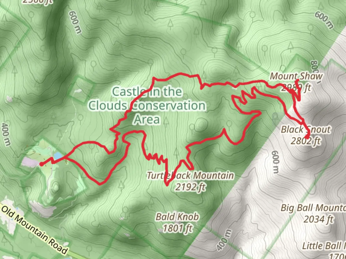 An image depicting the trail Mount Shaw and Black Snout Trail Loop from Shannon Pond and its surrounding area.