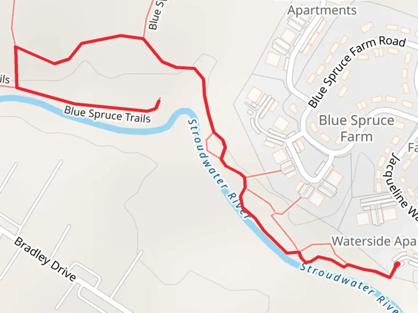 An image depicting the trail Stroudwater River and Blue Spruce Trail and its surrounding area.