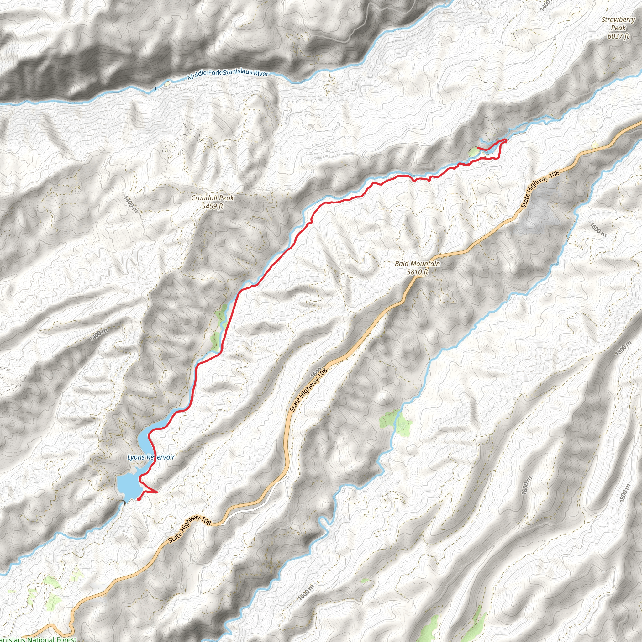 South Fork Stanislaus River Out and Back mobile static map