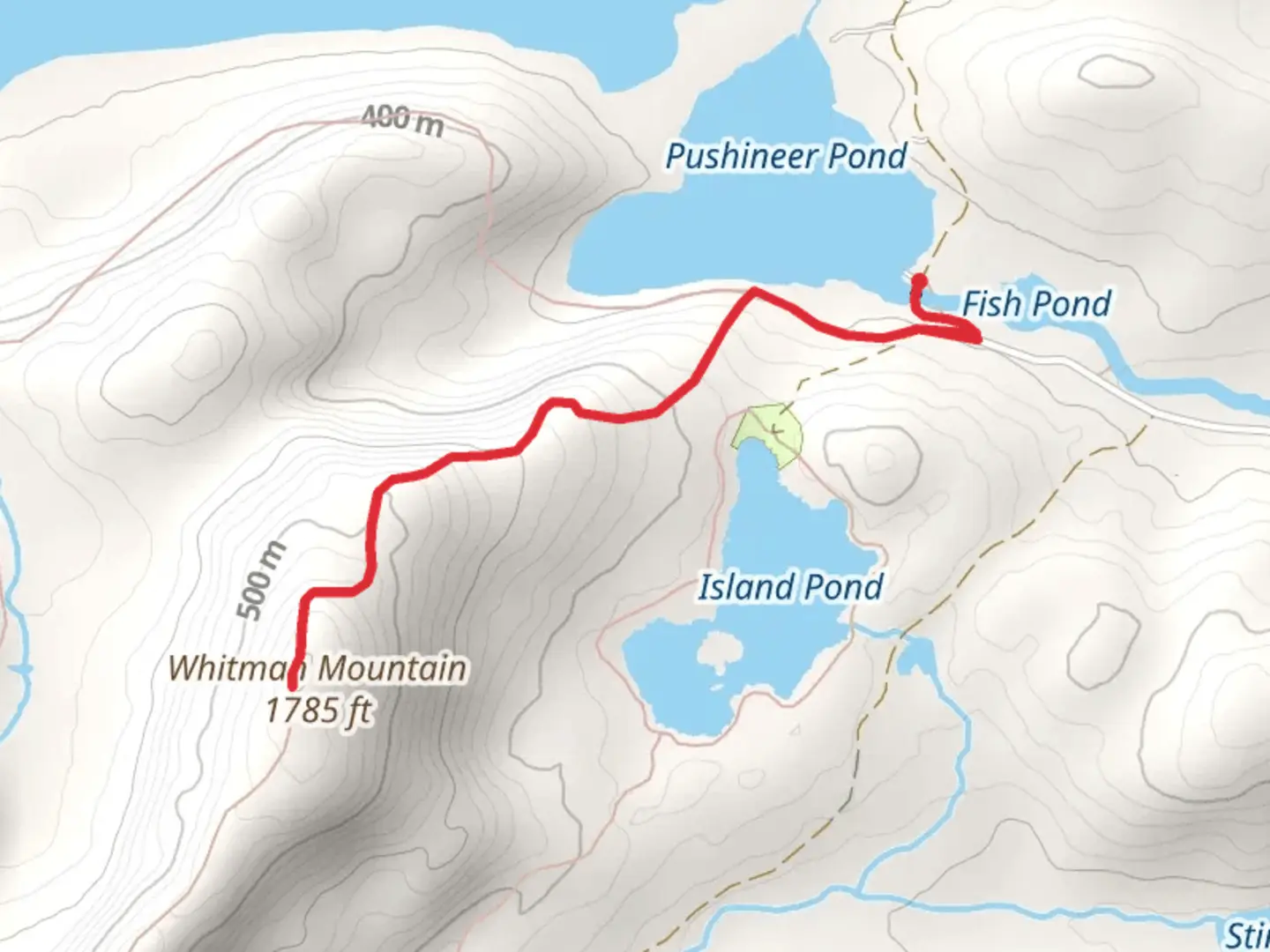 An image depicting the trail Whitman Mountain from Pushineer Pond and its surrounding area.
