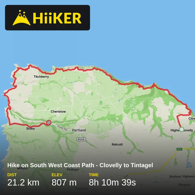 A map preview of the recording Hike on South West Coast Path - Clovelly to Tintagel.