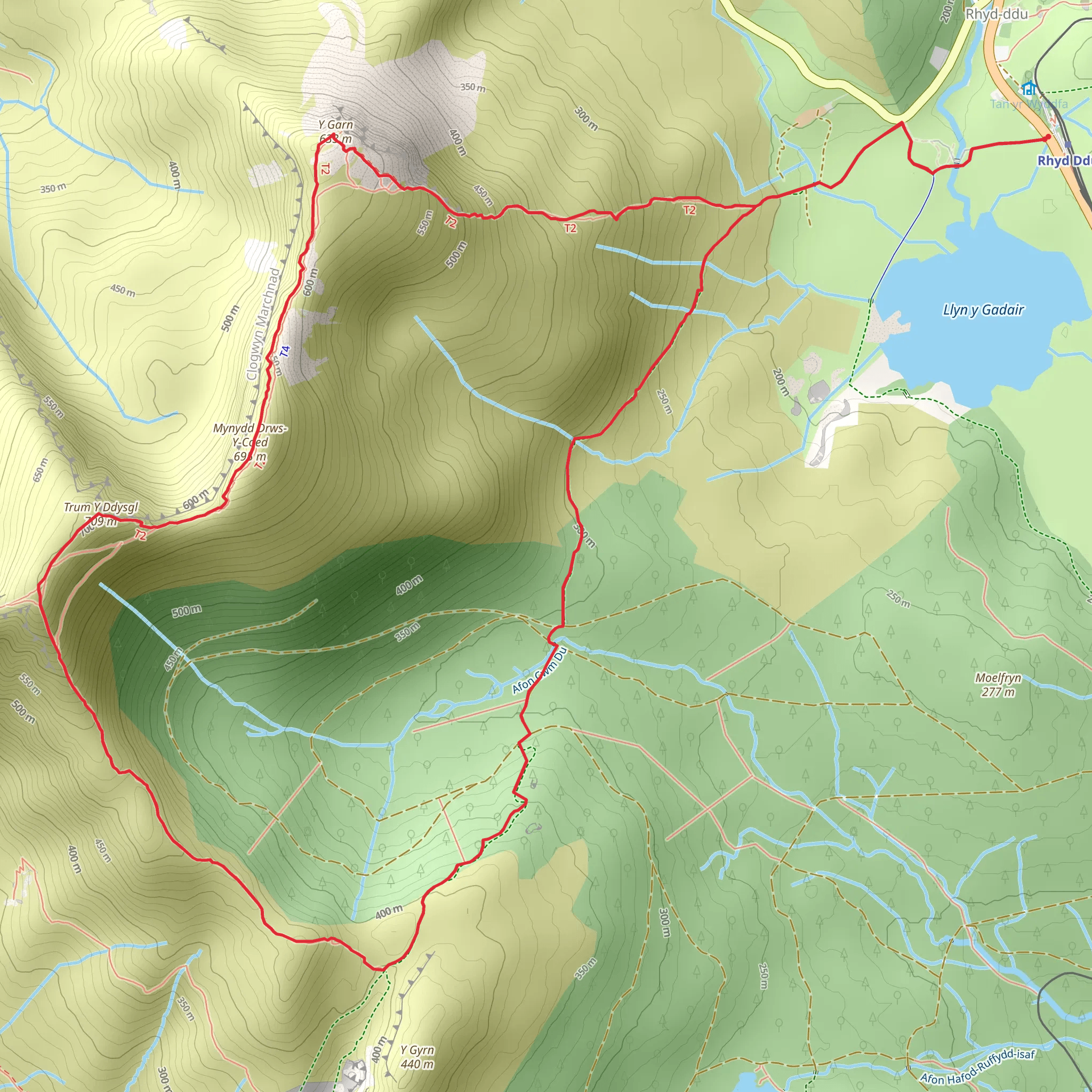 Nantlle Ridge Walk from Rhyd Ddu - Route A mobile static map