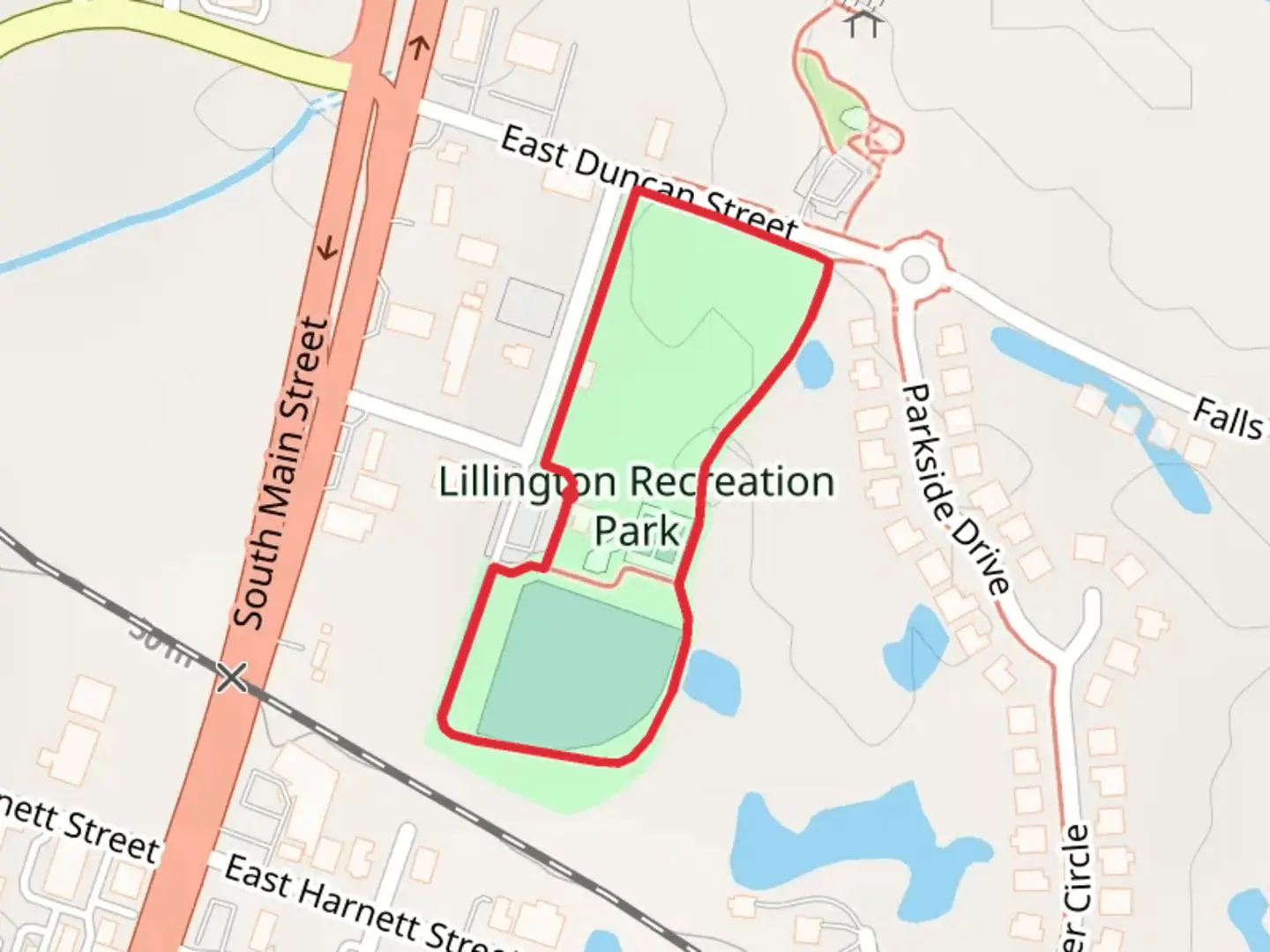 An image depicting the trail Lillington Recreation Park Loop and its surrounding area.