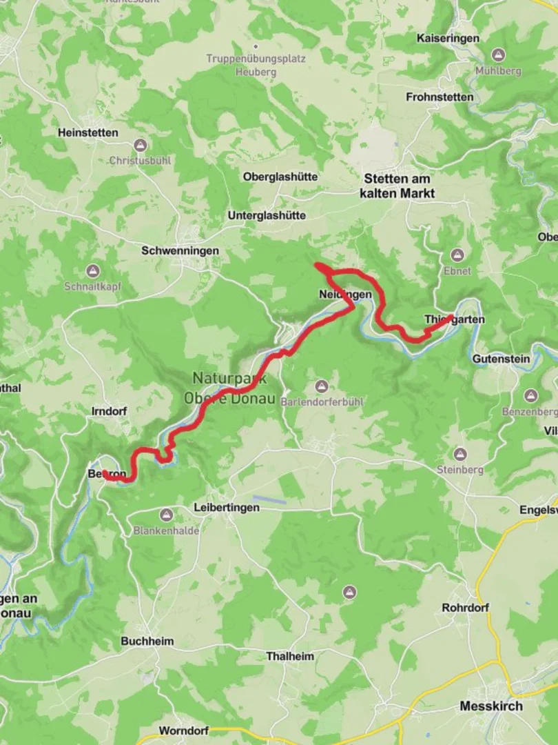 An image depicting the trail Thiergarten to Beuron Walk via Donau and its surrounding area.