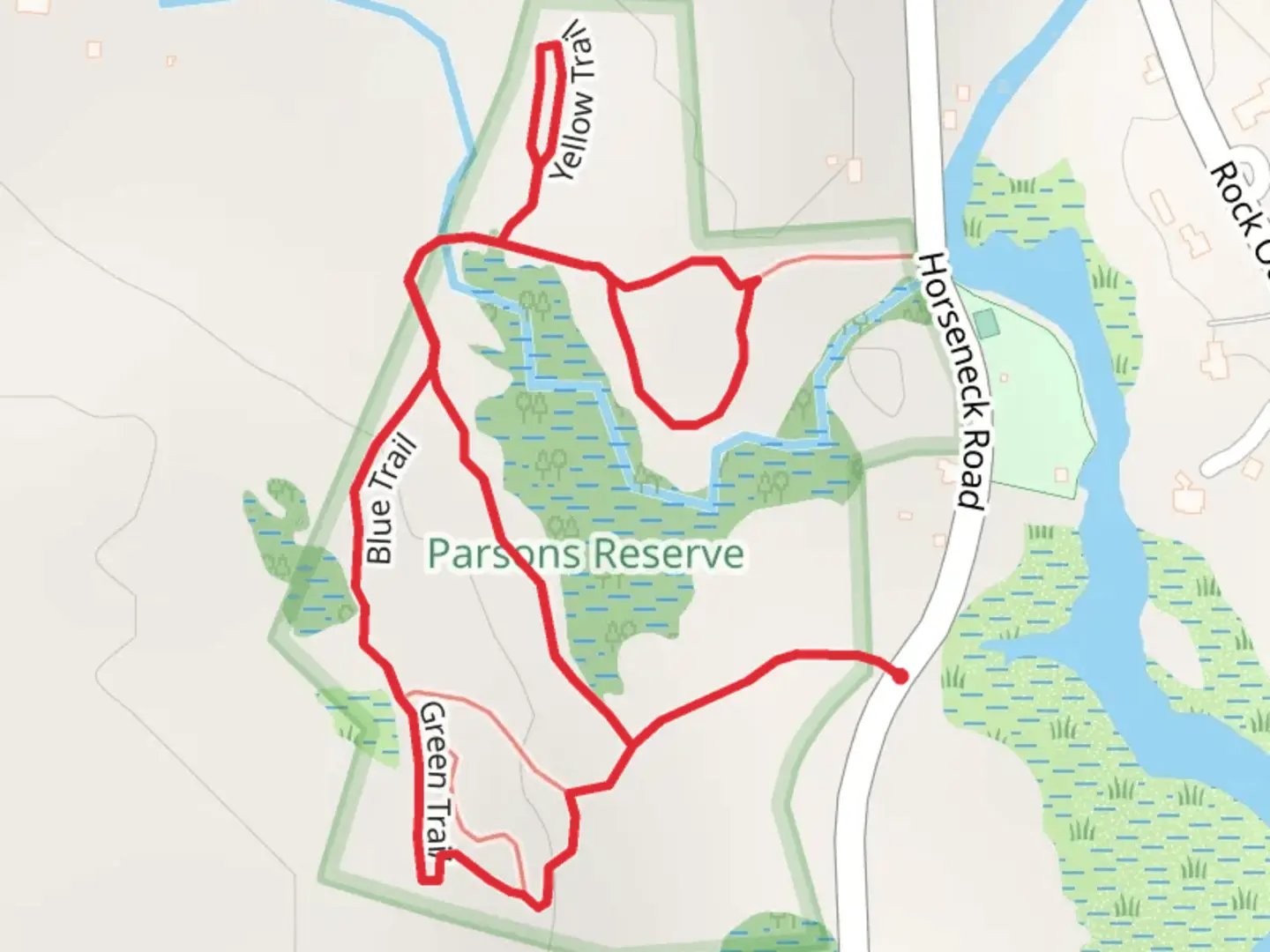 An image depicting the trail Green, Blue and Yellow Trail Loop from Horseneck Road and its surrounding area.