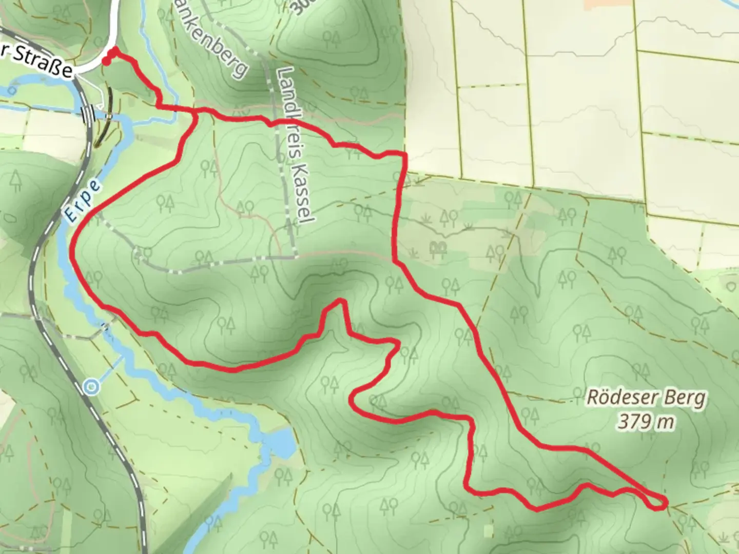 An image depicting the trail Burgruine Rodersen and Niederelsungen Rundweg and its surrounding area.