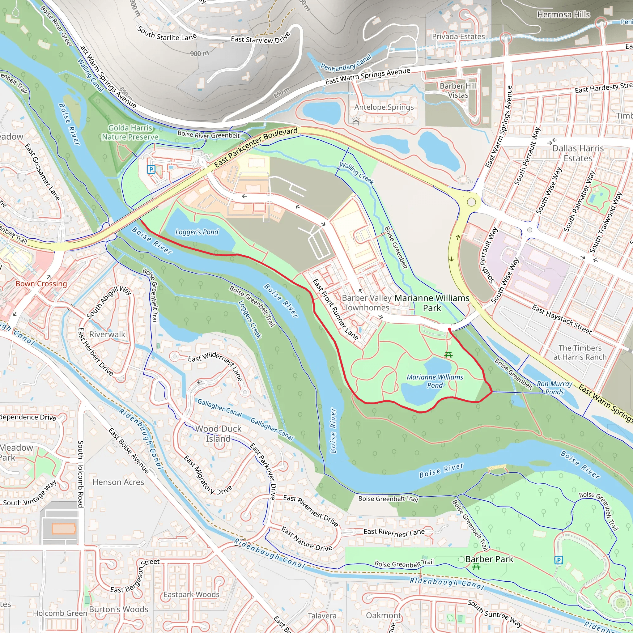 Boise Greenbelt from Marianne Williams Park mobile static map