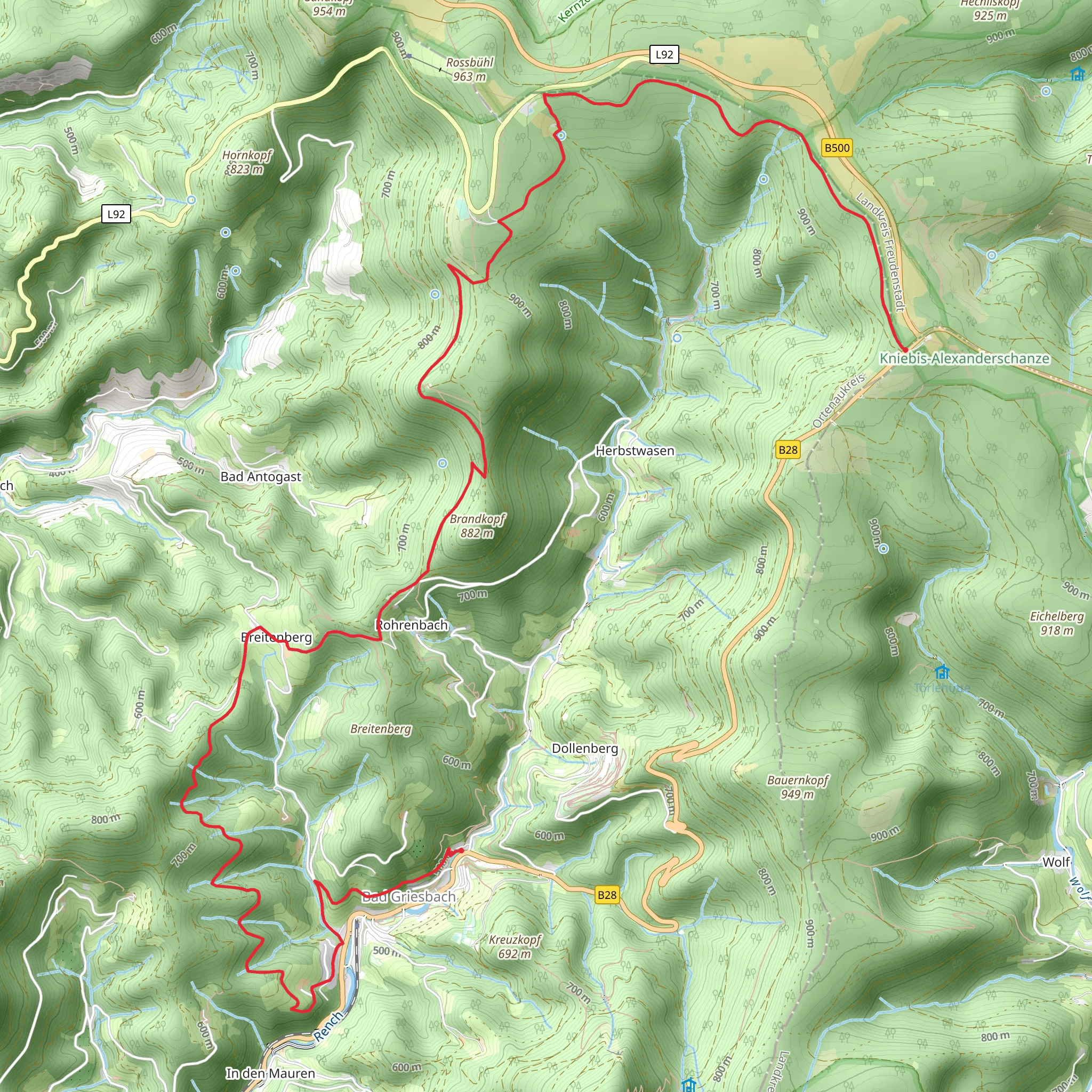 Alexanderschanze to Bad Griesbach Adlerbad via Holzbuehlweg - Breitenberg mobile static map