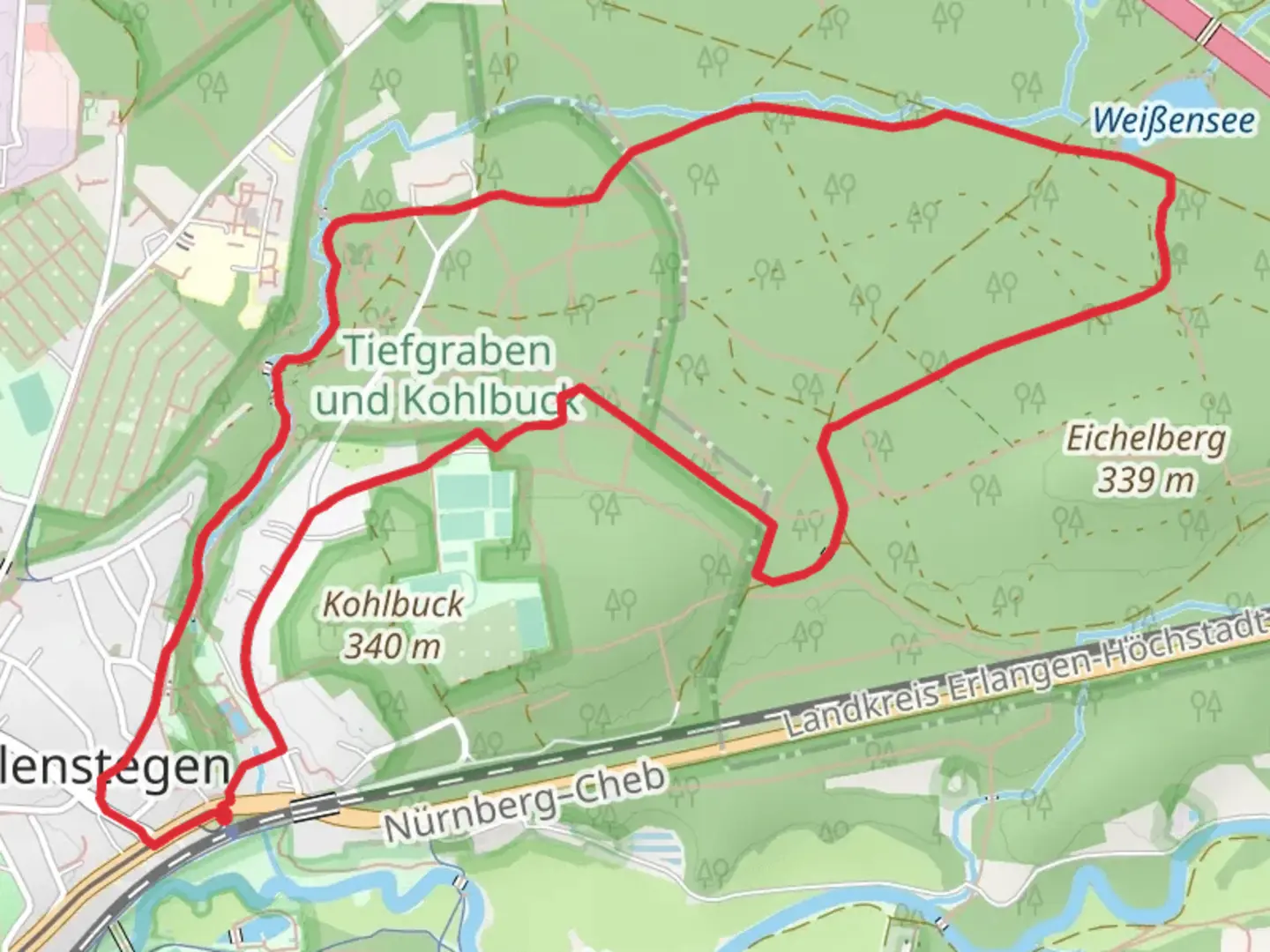 An image depicting the trail Goldene Strasse Teil and Wolfram Unger Weg and its surrounding area.