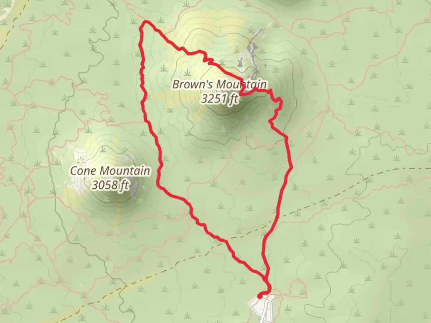 An image depicting the trail Brown's Ranch Road, Brown's Mountain and Upper Ranch Loop Trail and its surrounding area.