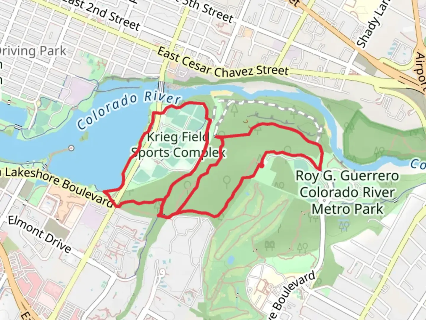 An image depicting the trail Roy G Guerrero Colorado River Metro Park Loop and its surrounding area.