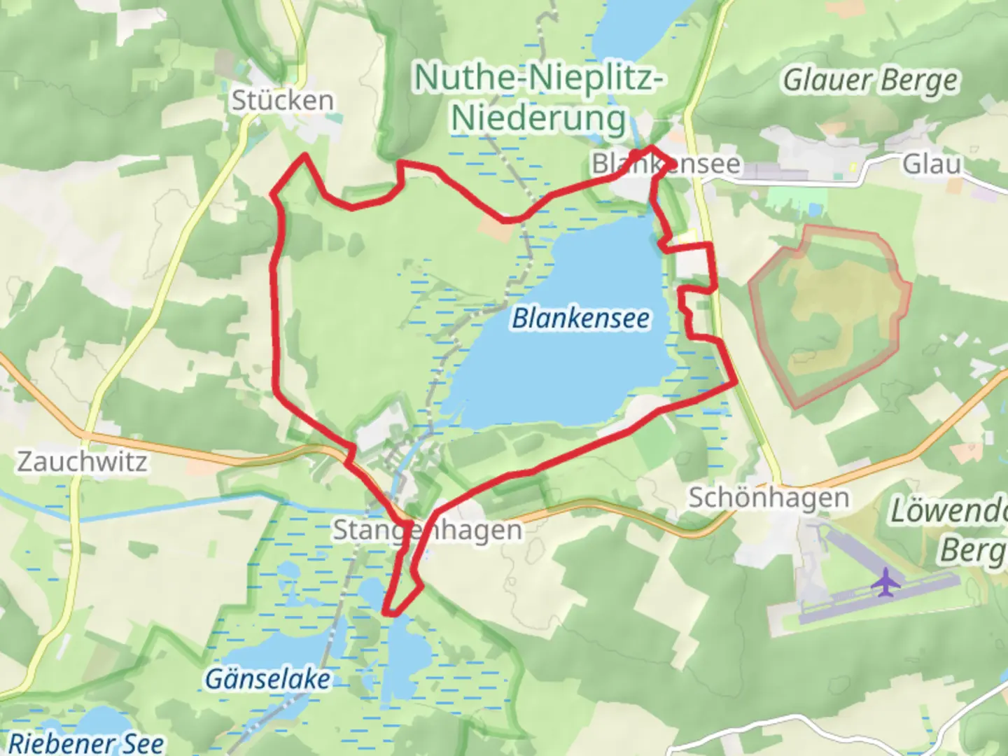 An image depicting the trail Blankensee Loop and its surrounding area.