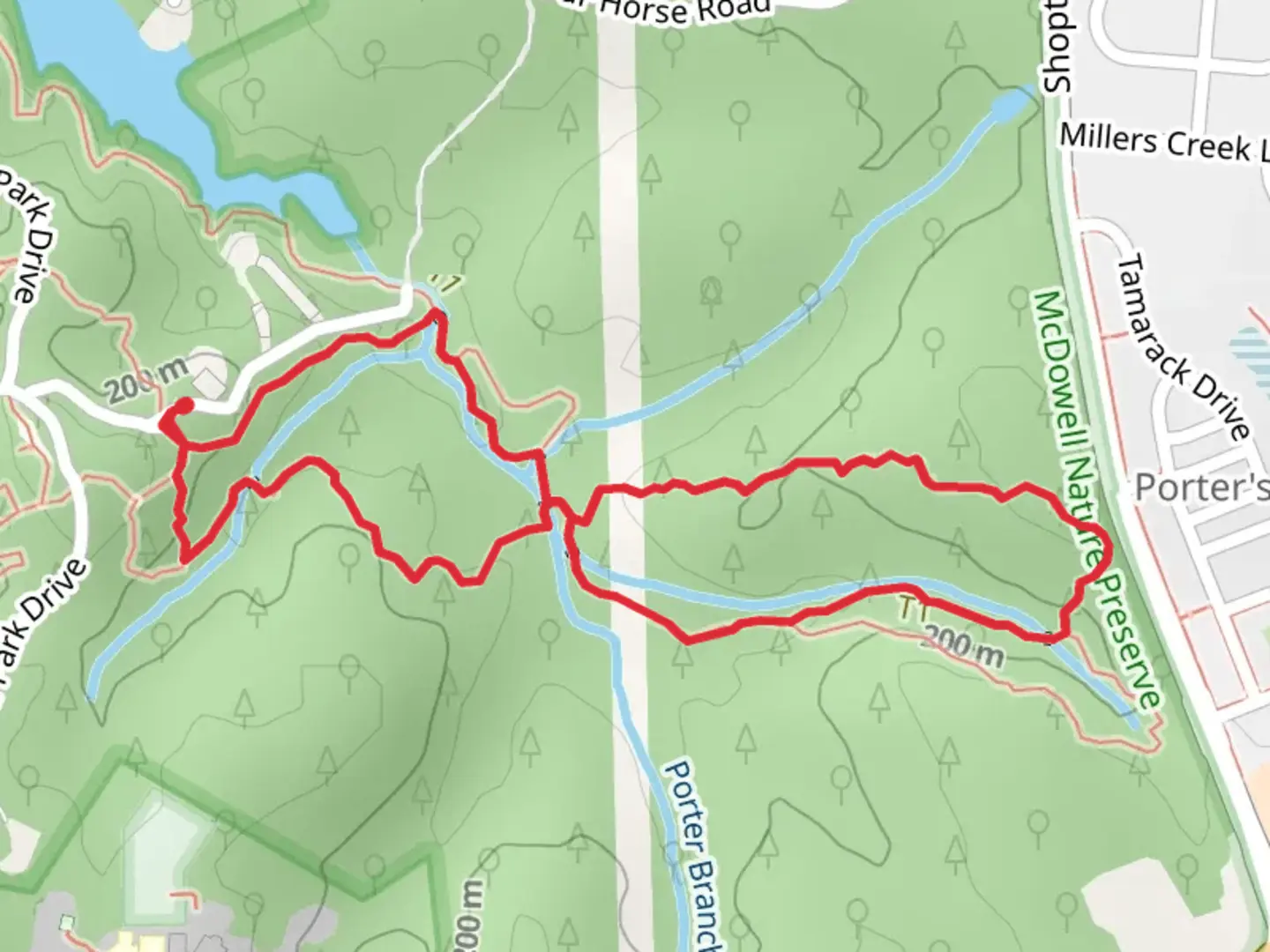 An image depicting the trail Creekside Trail and Pine Hollow Loop Trail and its surrounding area.