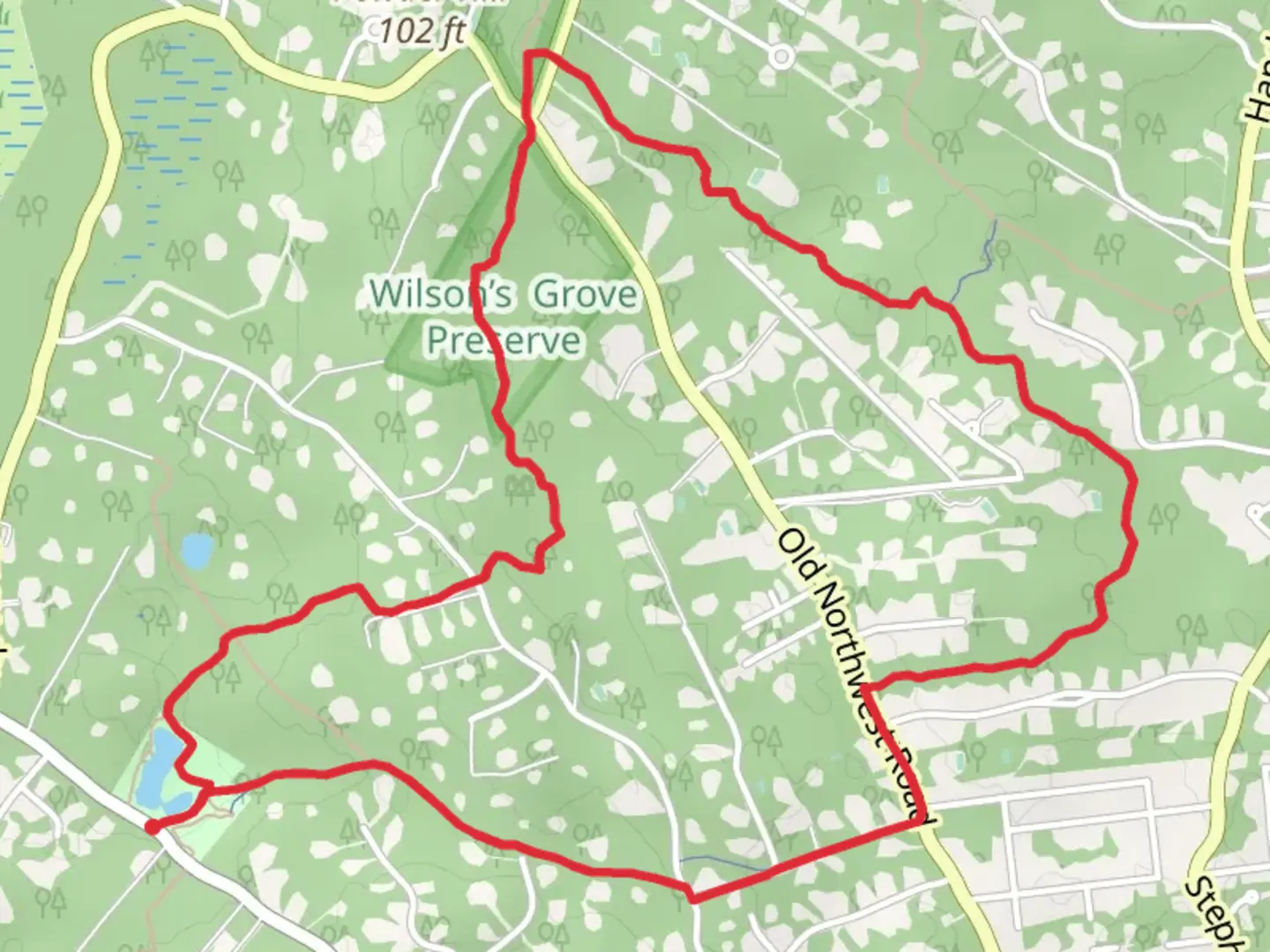 An image depicting the trail Fosters Path and Paumanok Path Loop from Two Holes Pond and its surrounding area.