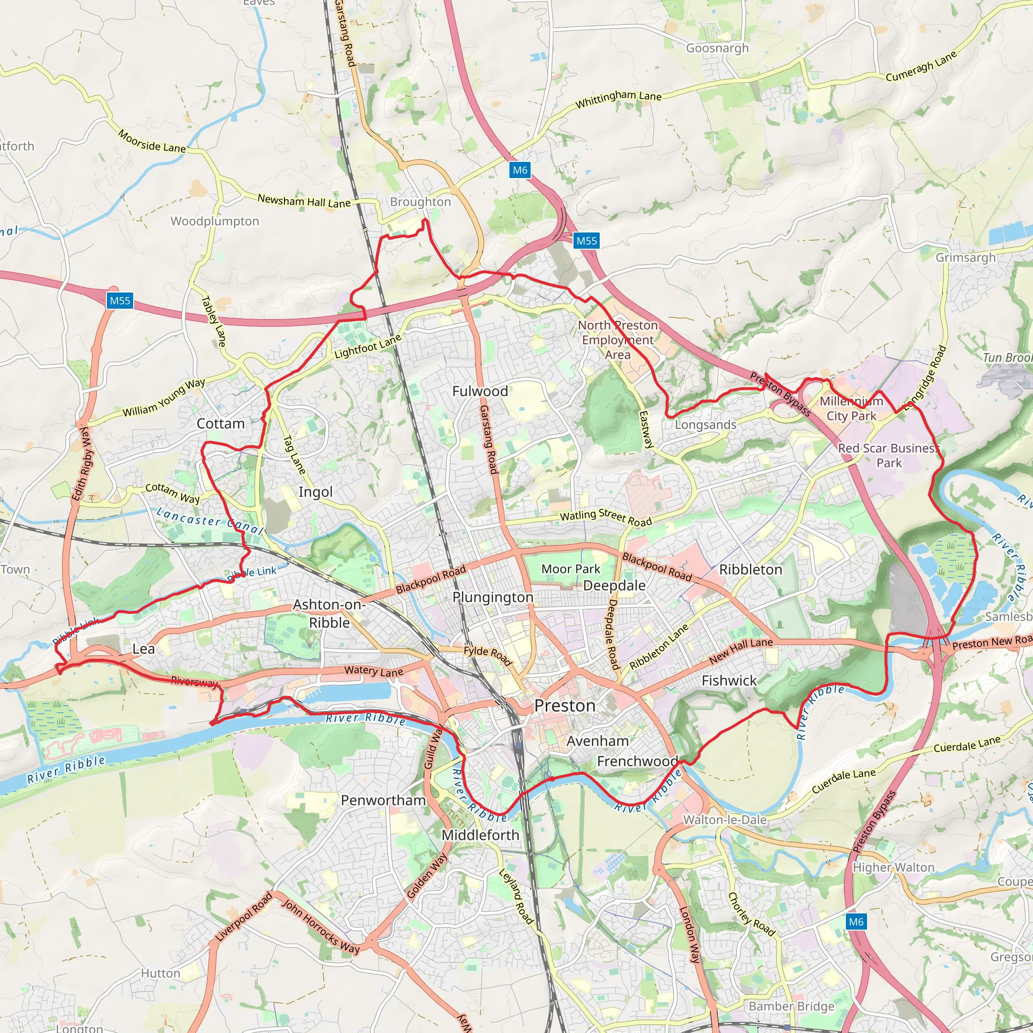 Preston, Samlesbury and Broughton Circular Walk via River Ribble mobile static map