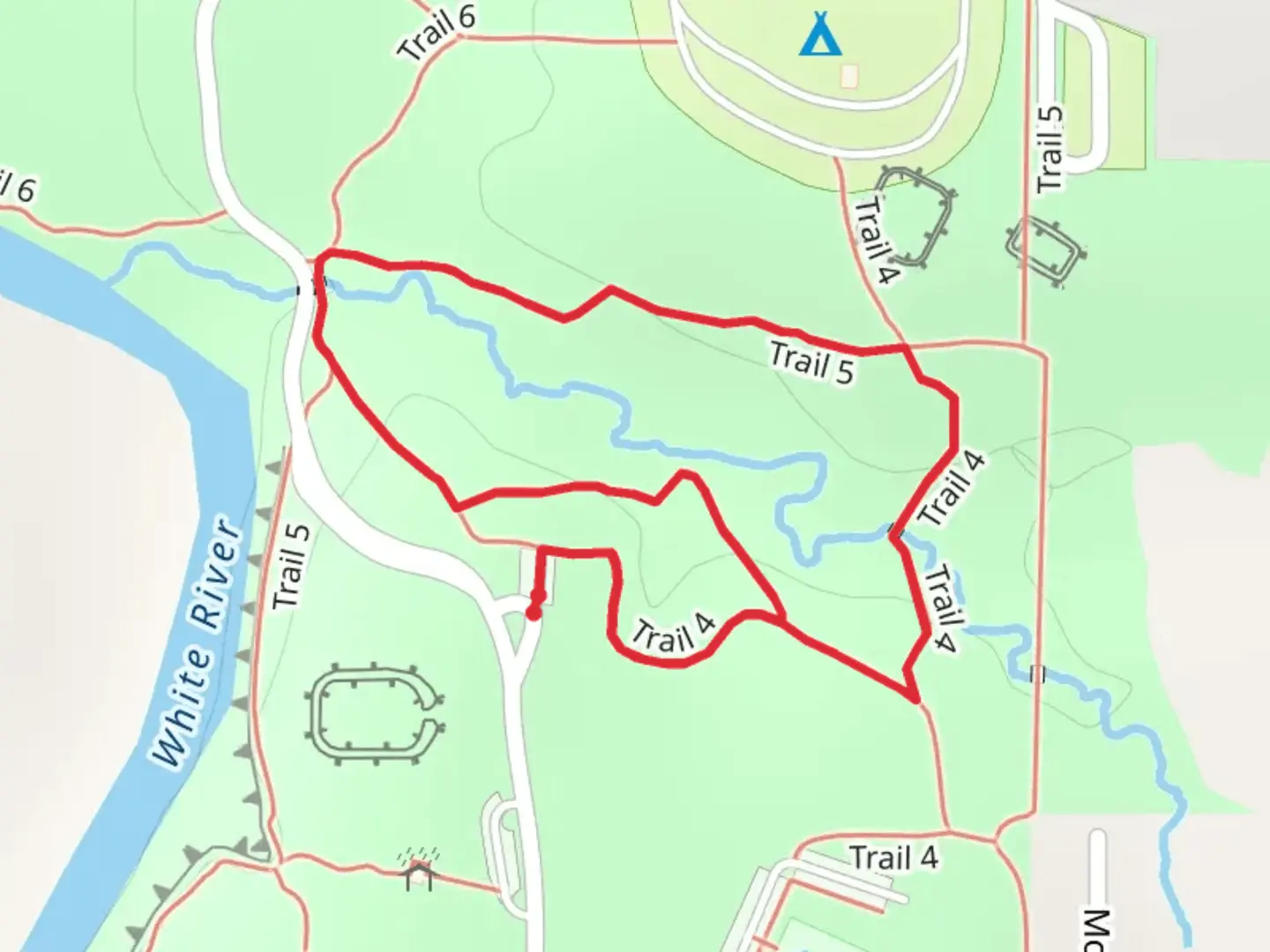 An image depicting the trail Trail 4, 5 Loop along White River and its surrounding area.