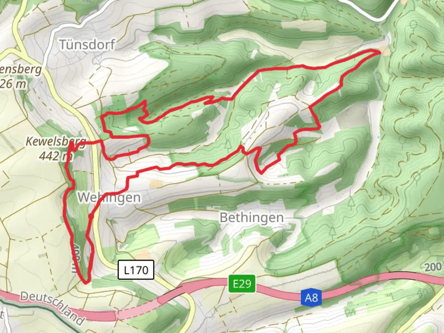 An image depicting the trail Wehinger Viezpfad Loop and its surrounding area.