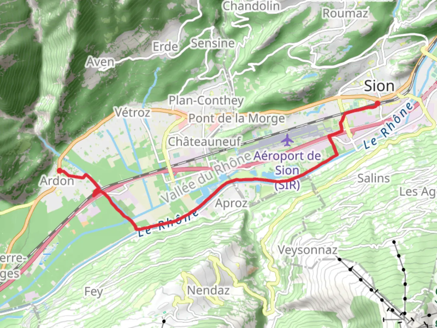 An image depicting the trail Ardon to Sion Trail and its surrounding area.