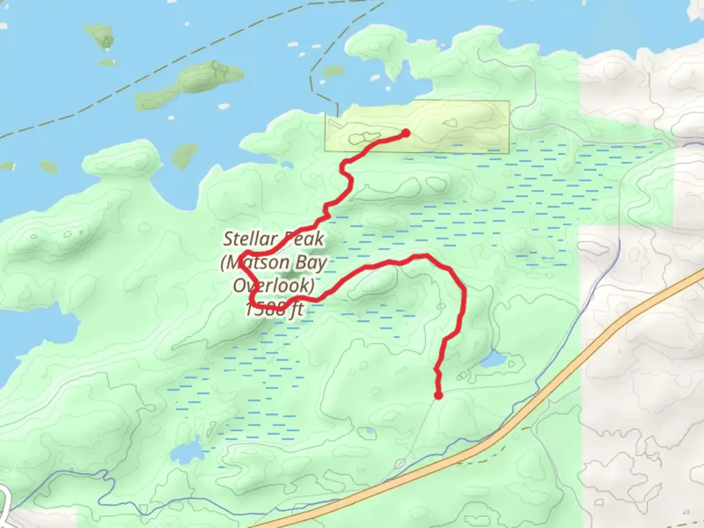 An image depicting the trail Stellar Peak - Matson Bay Overlook and Crosscut Trail and its surrounding area.