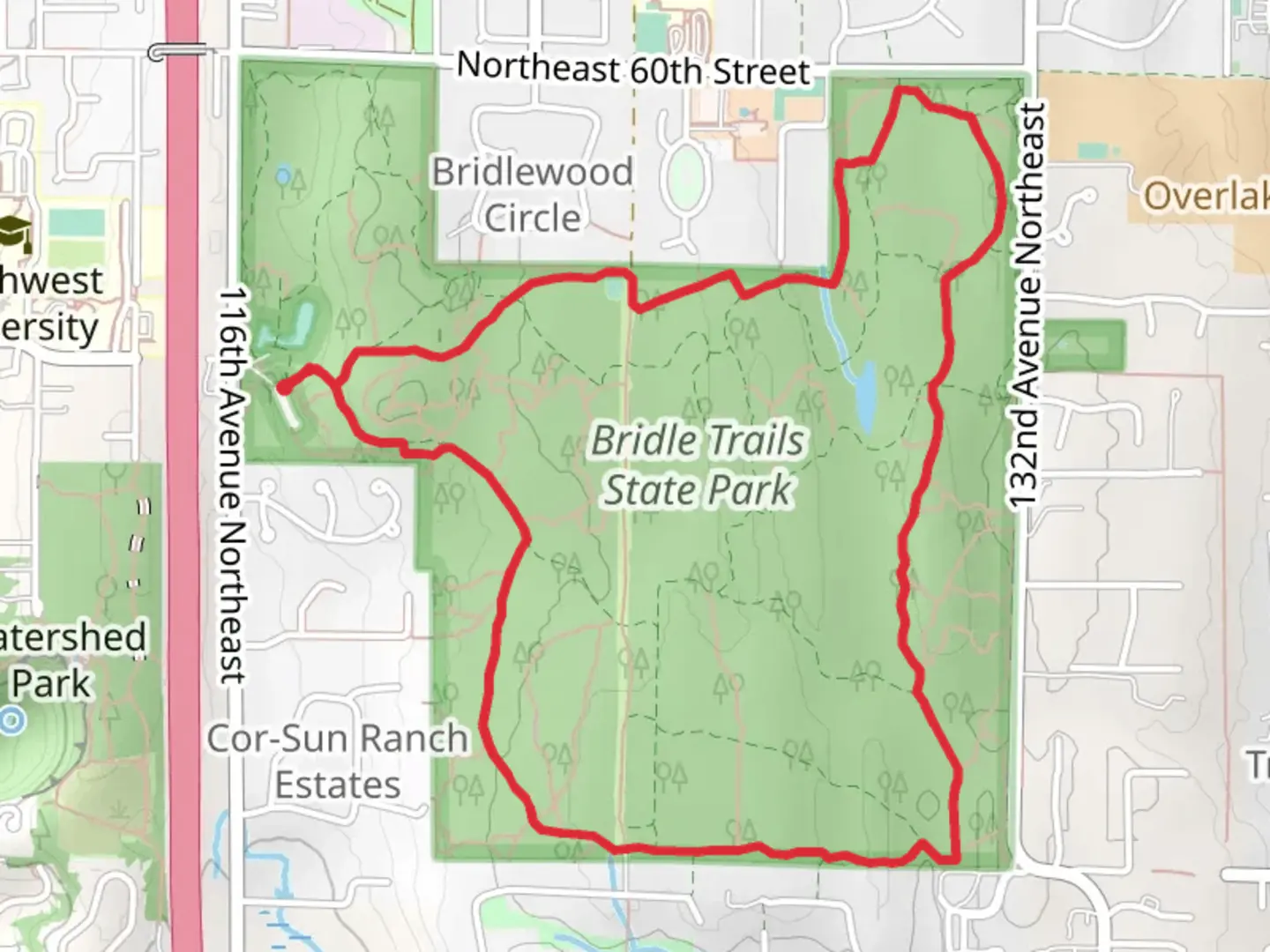 An image depicting the trail Coyote Loop Trail - Bridle Trails State Park and its surrounding area.