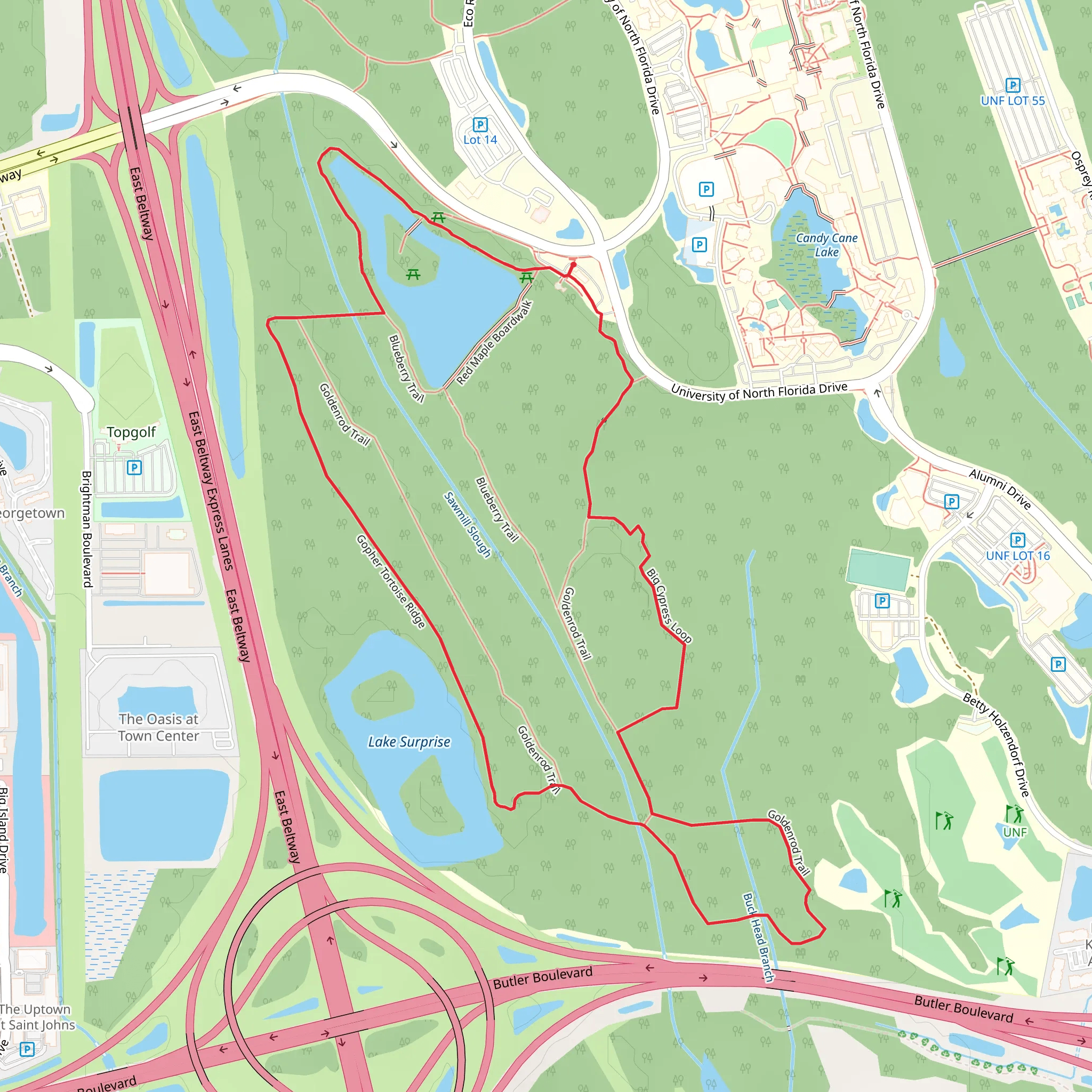 Lake Oneida, Lake Surprise via Gopher Tortoise Ridge and Goldenrod Trail mobile static map