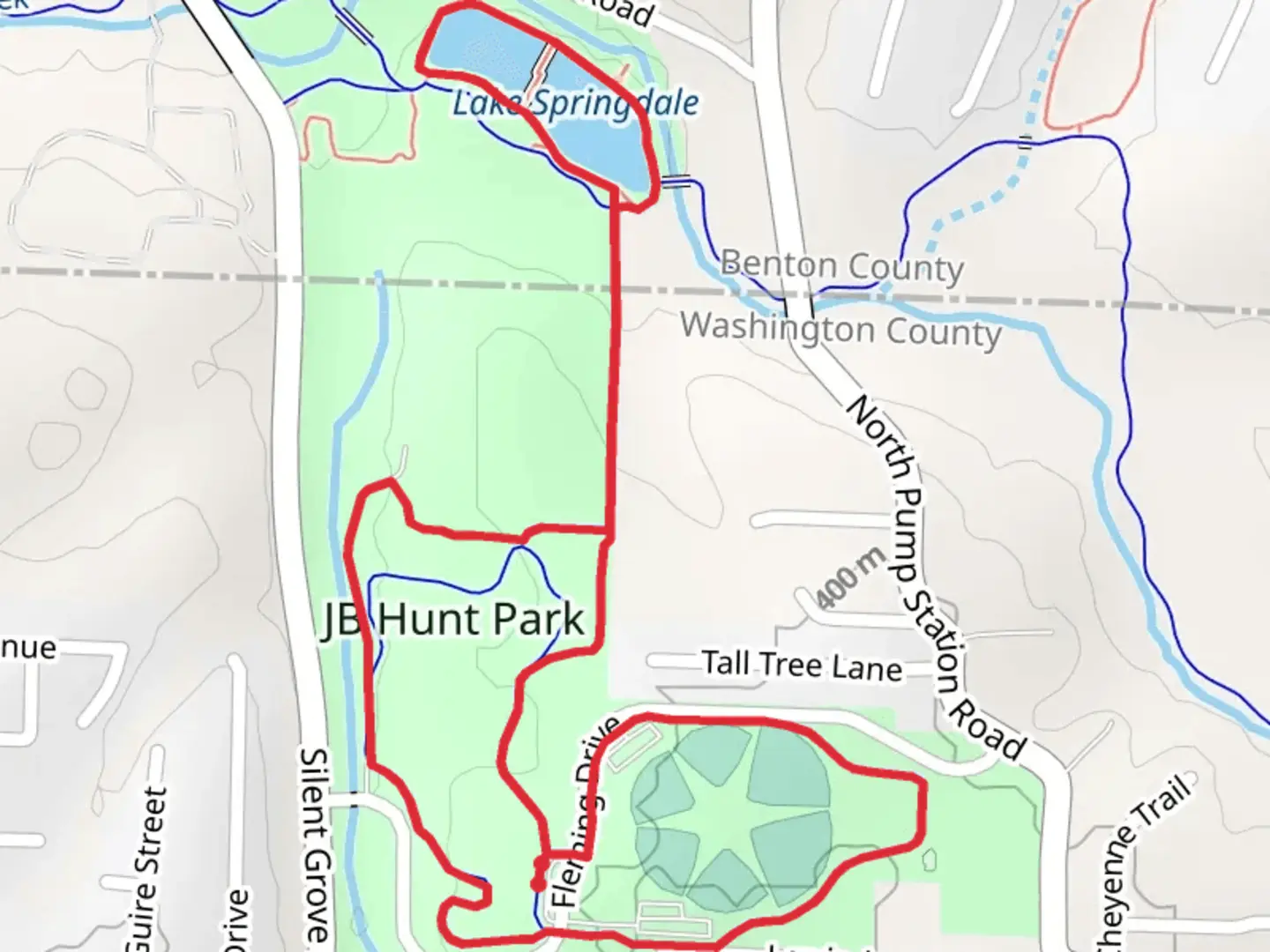 An image depicting the trail JB Hunt Park and Lake Springdale Loop and its surrounding area.