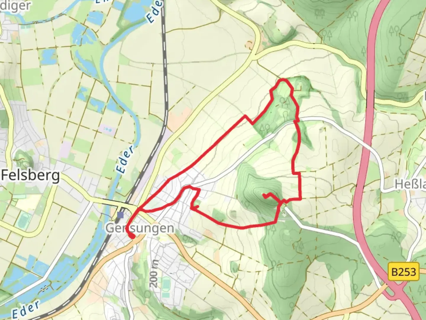 An image depicting the trail Ehrenmalweg and Burg Heiligenberg via Hessens Krone and its surrounding area.