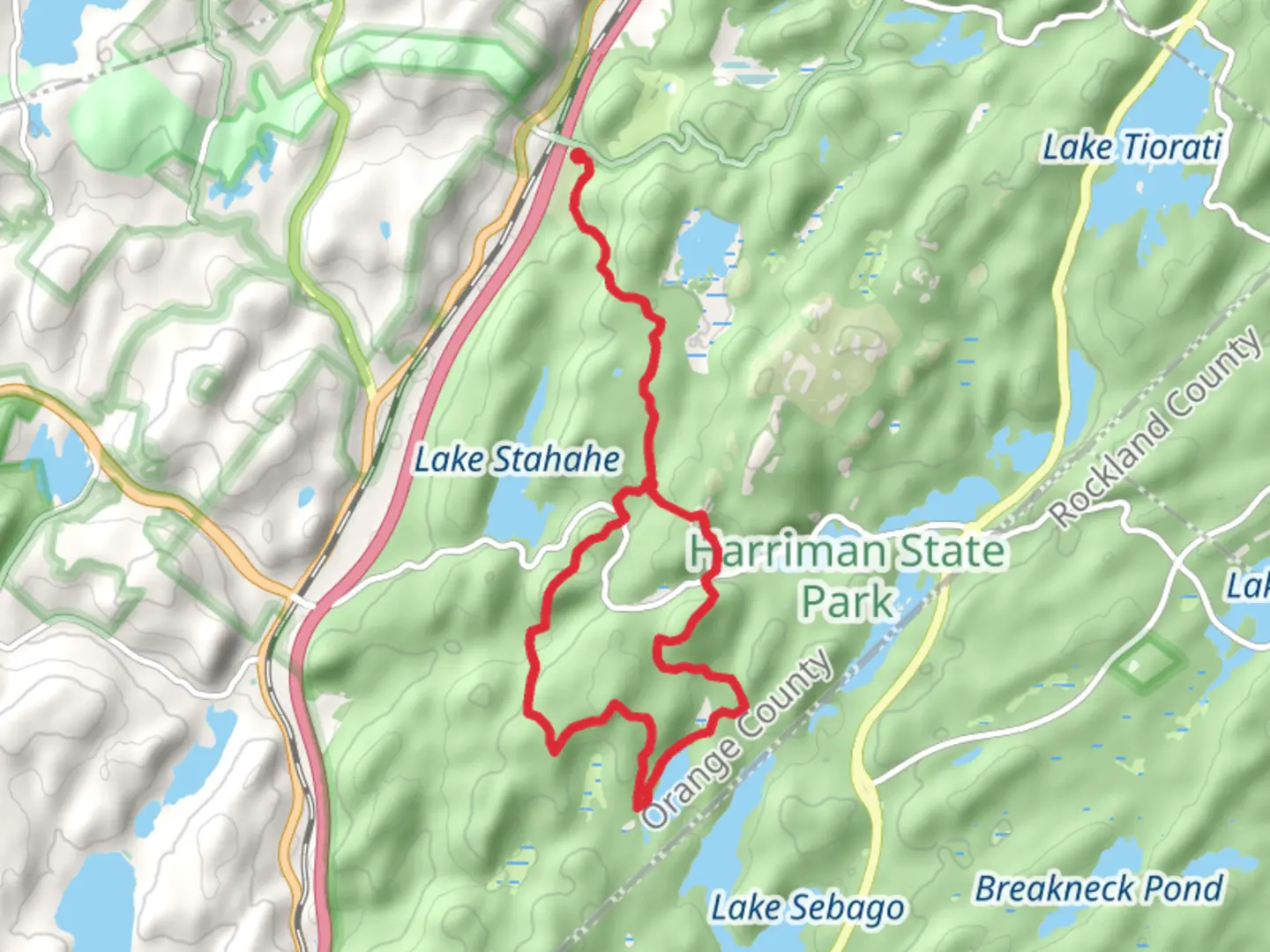 An image depicting the trail Car Pond Mountain to Parkre Cabin Mountain to Tom Jones Mountain and its surrounding area.