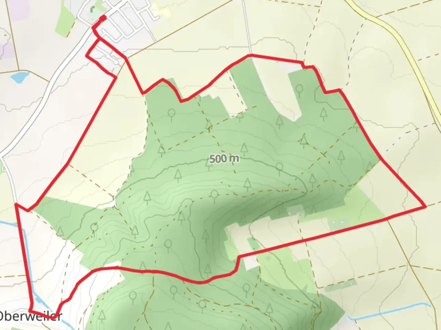 An image depicting the trail Streuobst Erlebnis Weg and Oberweiler Graben and its surrounding area.