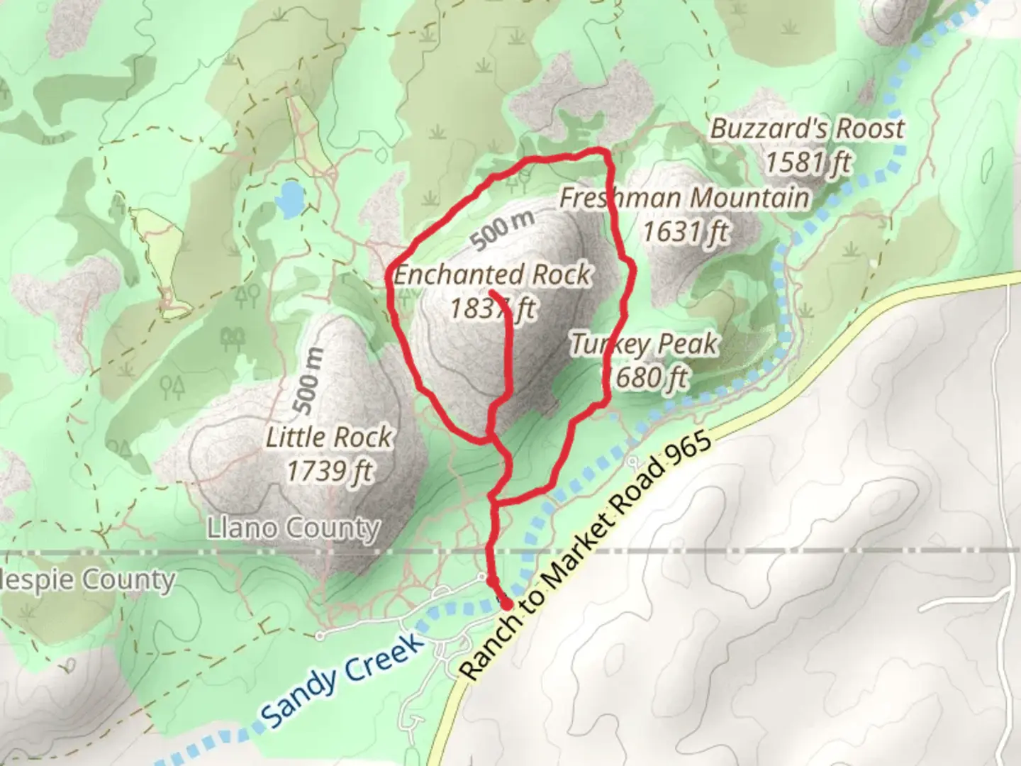 An image depicting the trail Enchanted Rock - Echo Canyon - Turkey Pass Loop Trail and its surrounding area.