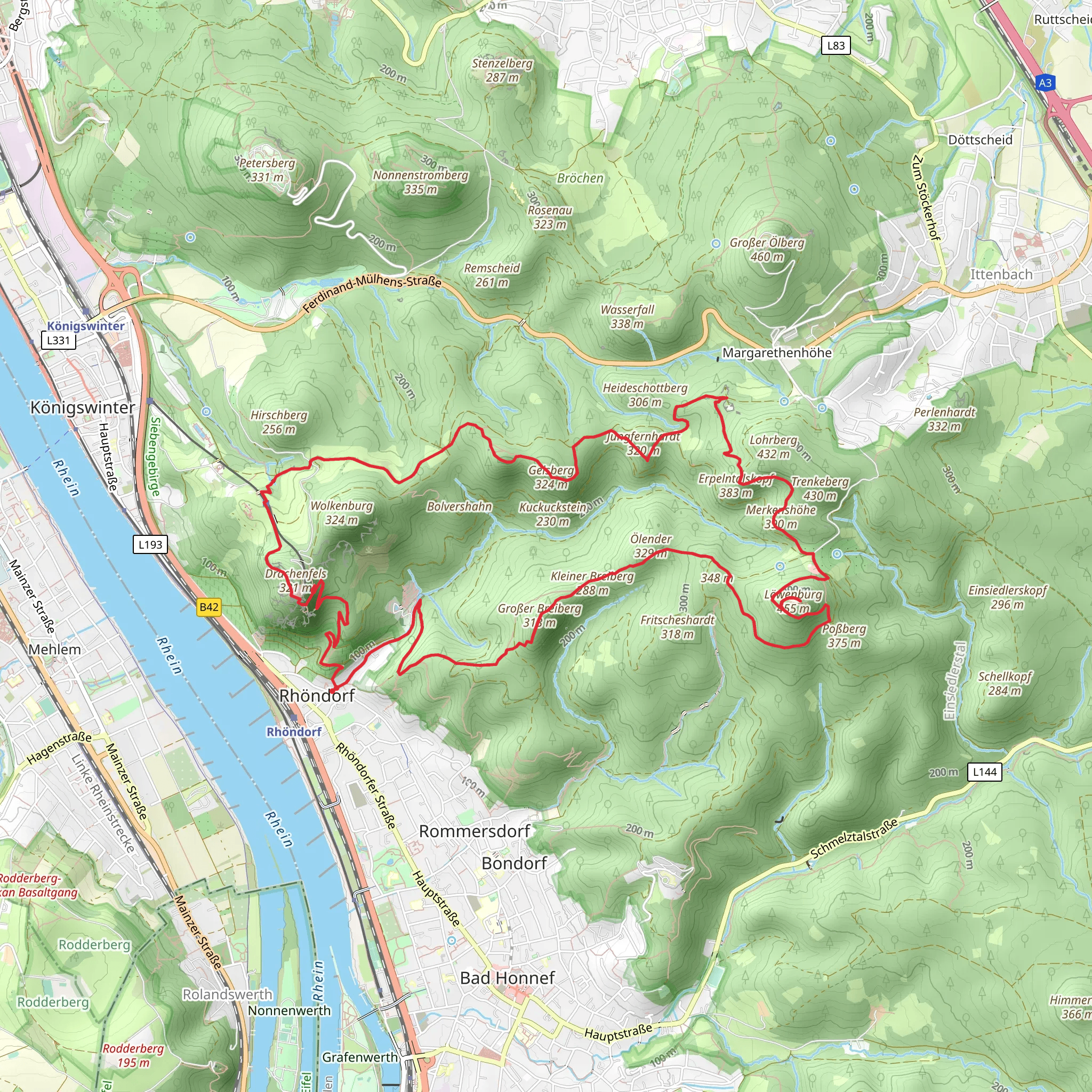 Drachenfels, Geisberg, Lowenburg and Kleiner Breiberg Loop - Rhöndorf mobile static map